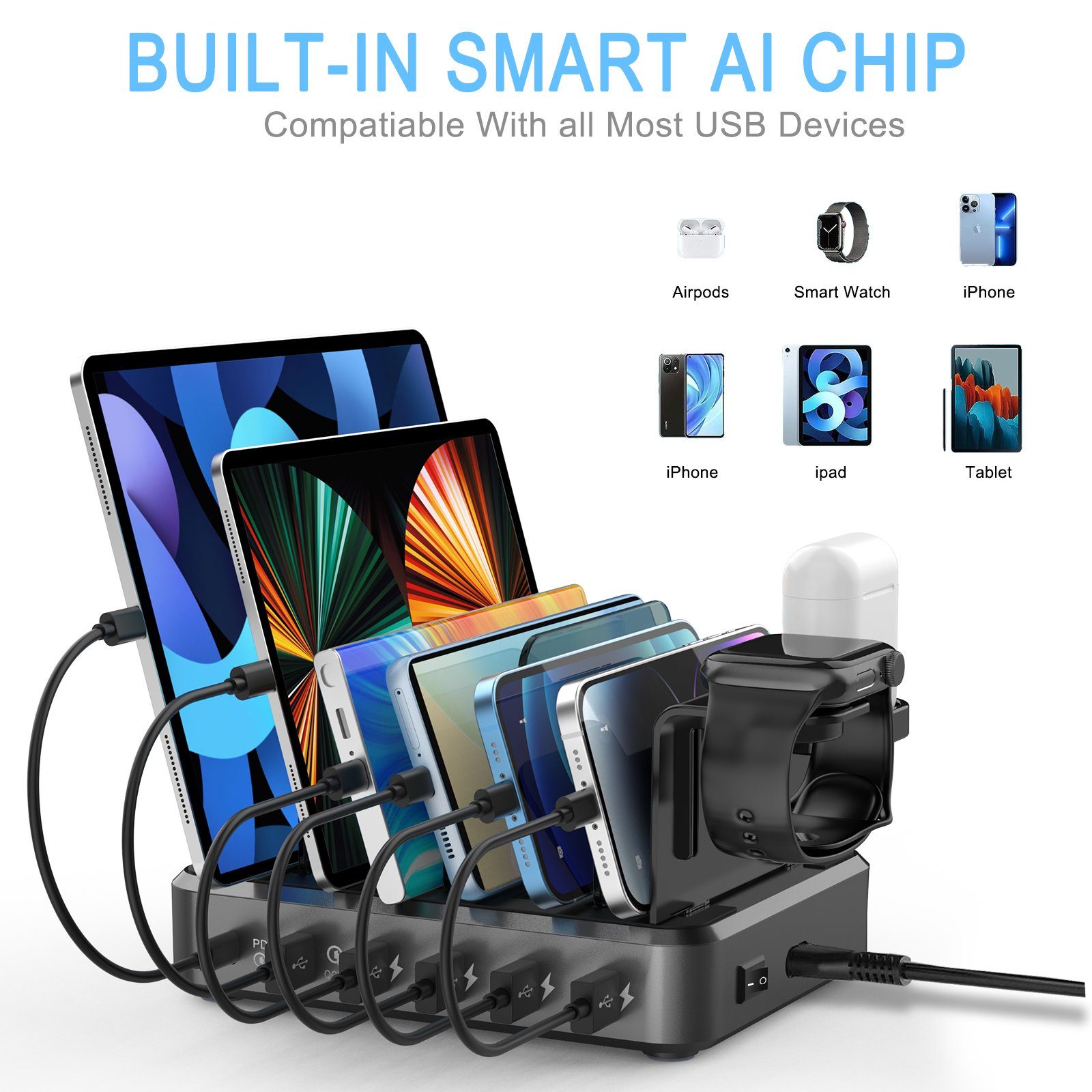 JOEAIS Handy-Dockingstation Desktop Ladestation Geräte Multi Ladestation Mehrere Aufladestation, (Fast Charger, Mobiltelefon Tablet Tablet Kopfhörer MP4 und andere USB-fähige Geräte), Ladegerät USB C Handy Ladestation Mehrfach Ladebox mit 6 USB Ports