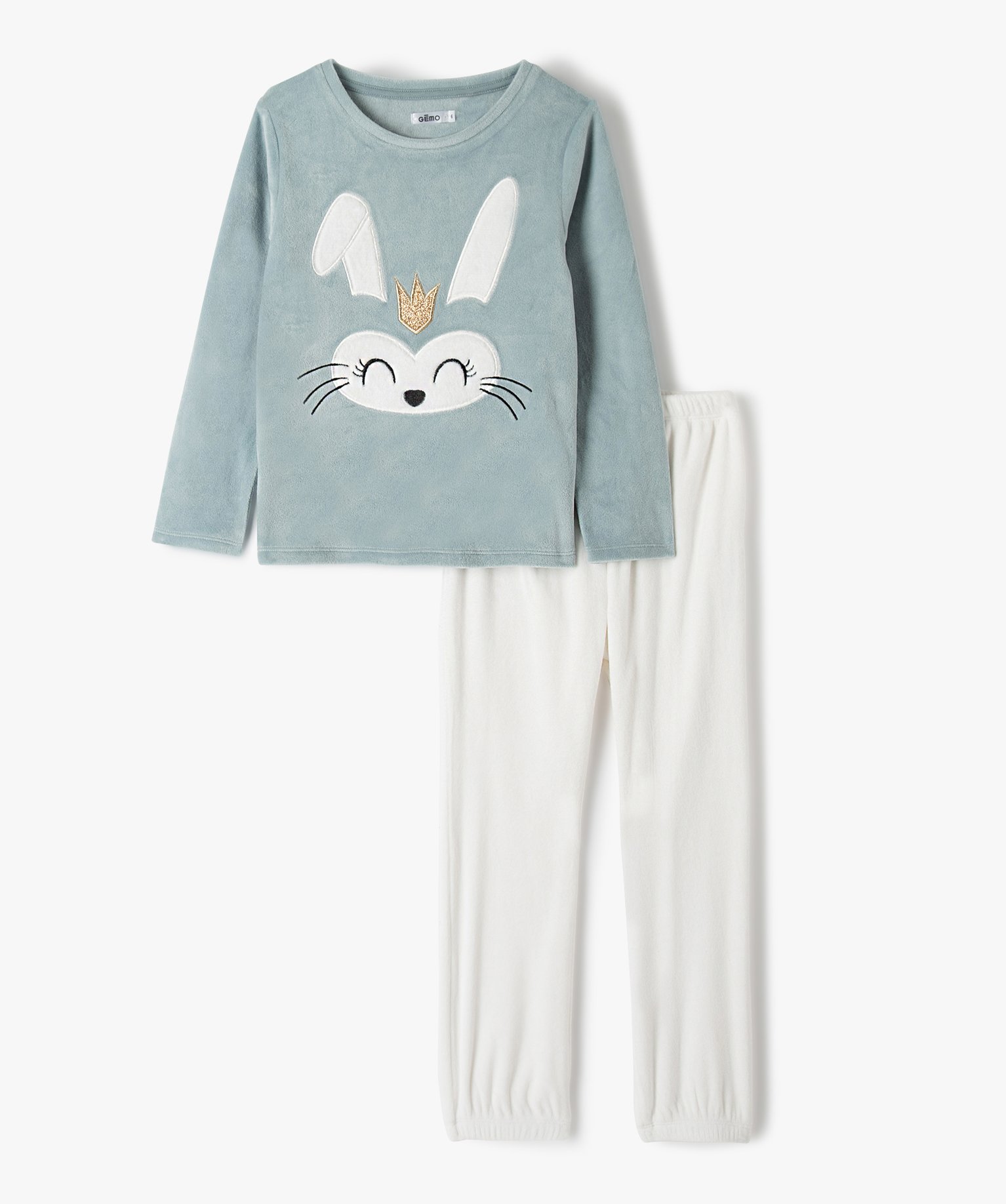 Pyjama fille en velours intérieur peluche imprimé lapin bleu | GEMO