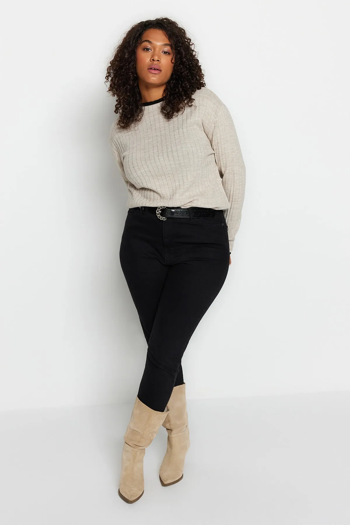 Trendyol Curve  Beige gestreifter, detaillierter Strickpullover