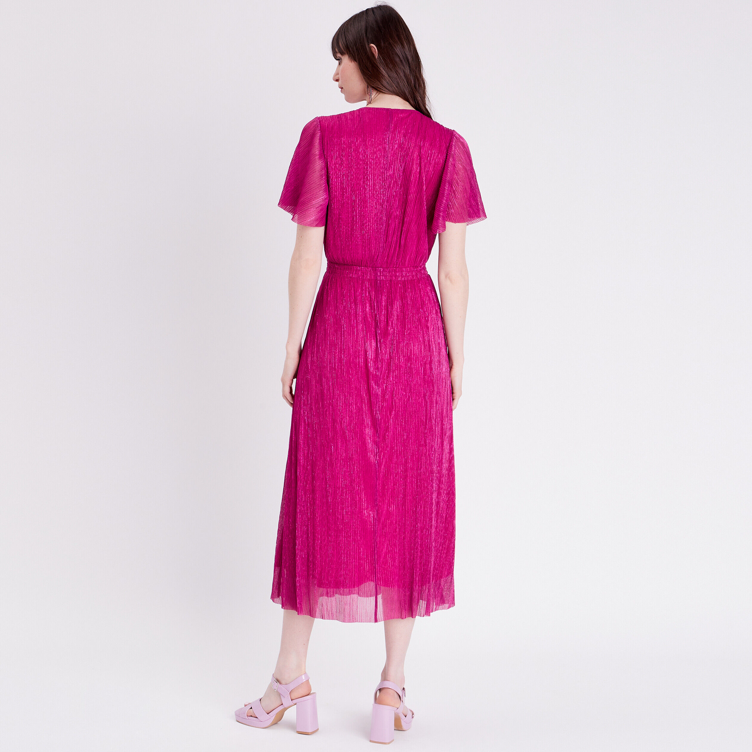 Robe longue évasée plissée rose framboise femme | Cache Cache