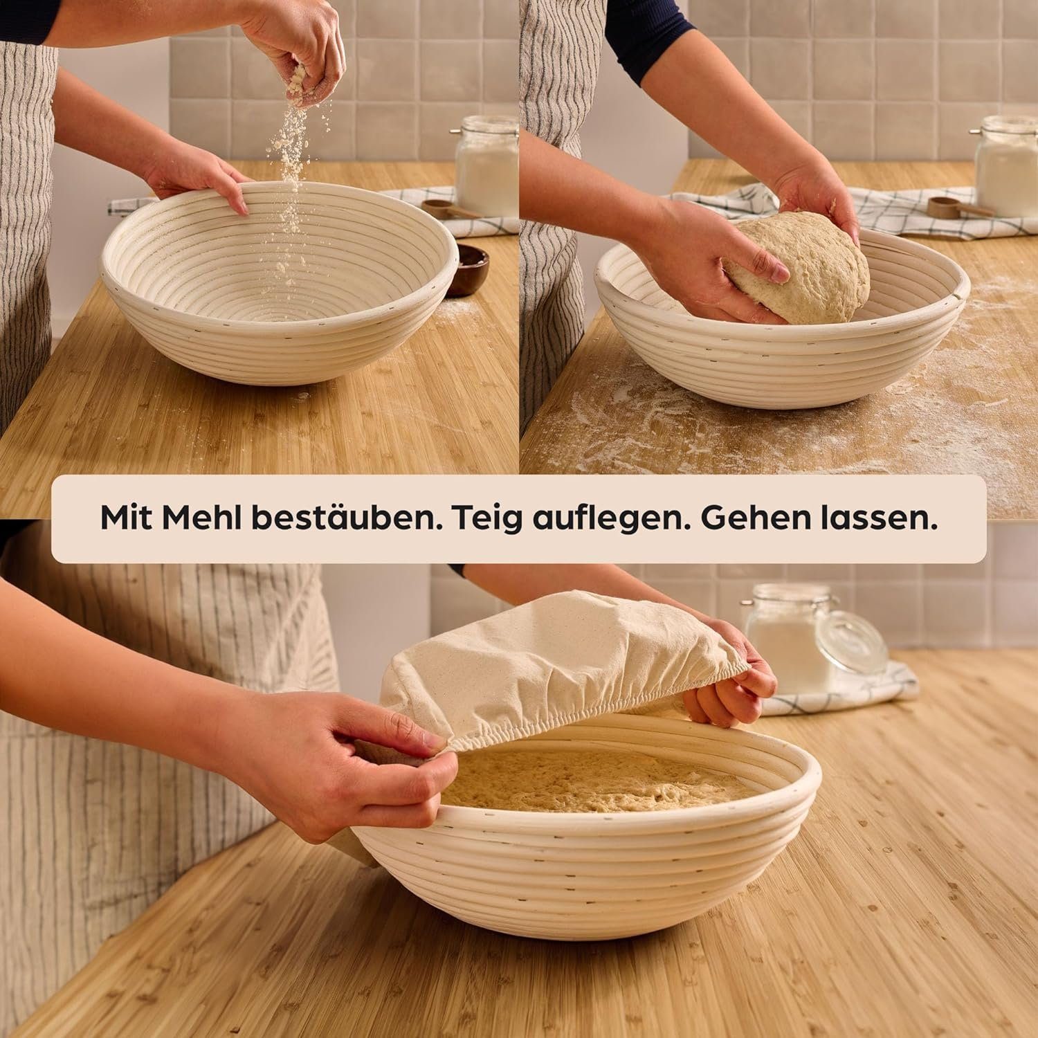 Praknu Gärkorb Für Brot Rund 30 cm 2kg - Gärkörbchen für Brotteig zum Brotbacken, Aus nachhaltigem Rattan - Geruchsneutral - Mit Backutensilien