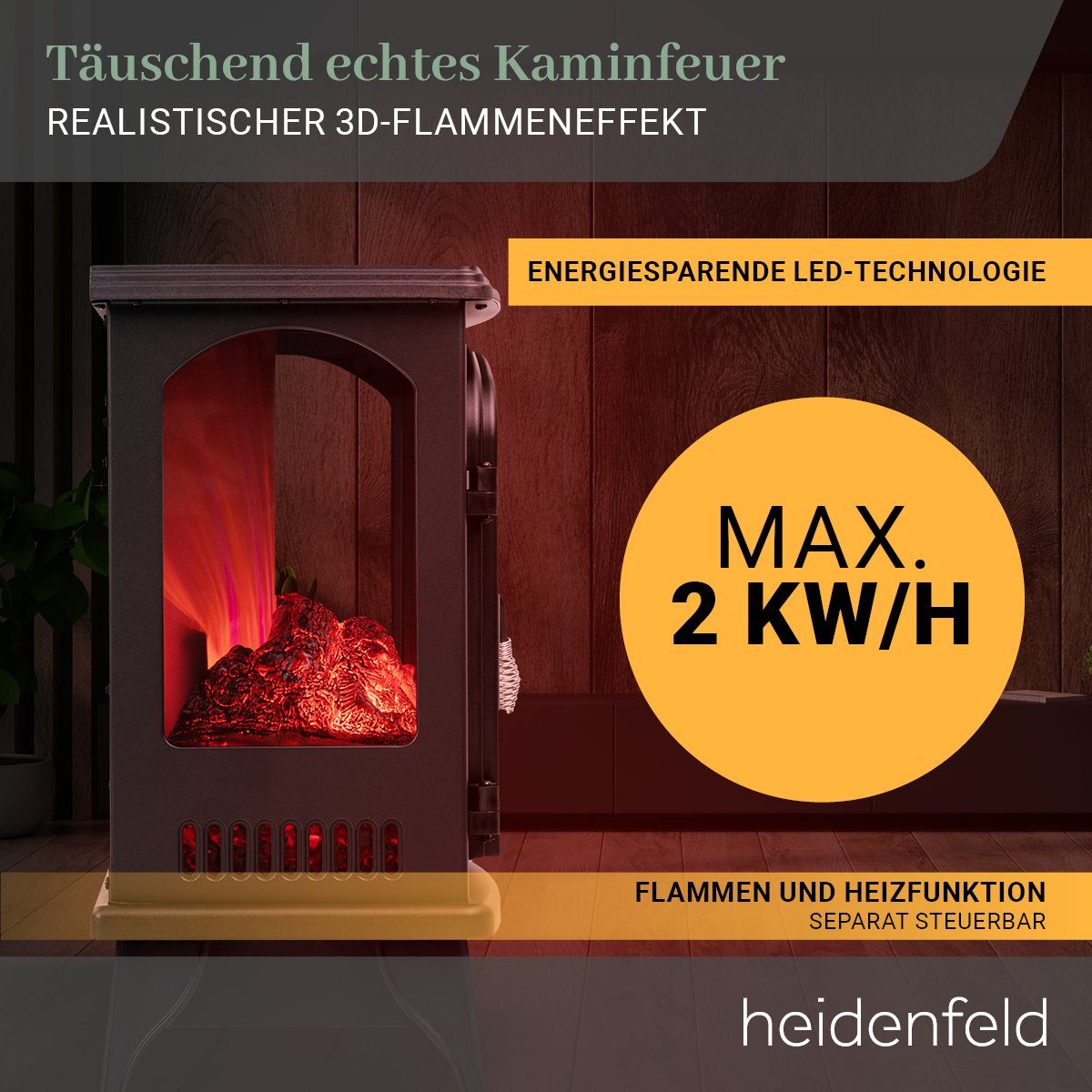 Heidenfeld Elektrokamin Kamin Heizung Standkamin EK100 2000 Watt inkl. 3 Jahre Garantie, 3D Kaminfeuer- Dreiseitige Glasfront - Kaminofen - Elektroheizung