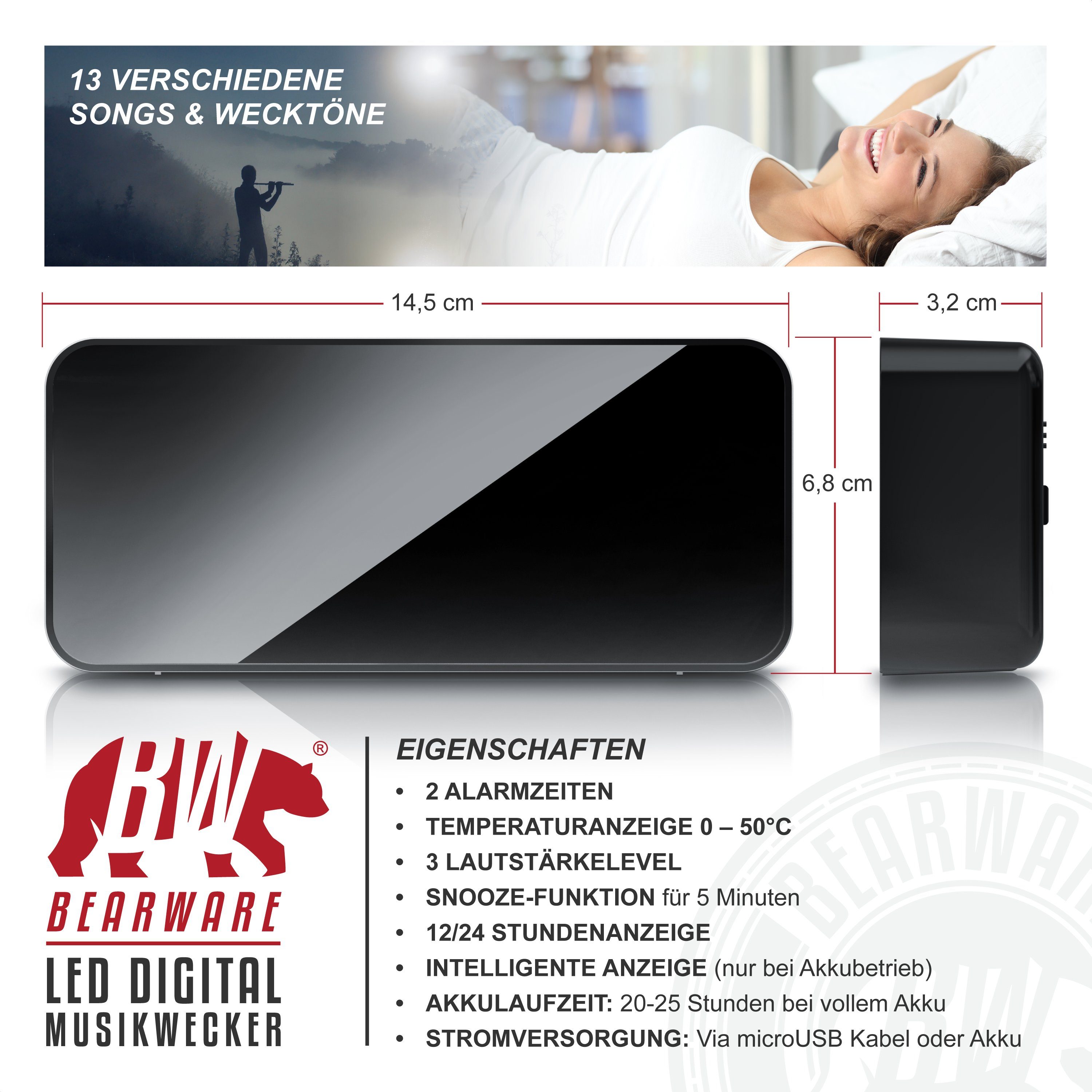 BEARWARE Wecker Musikwecker digital Temperaturanzeige, Reisewecker mit Netzteil & Akku