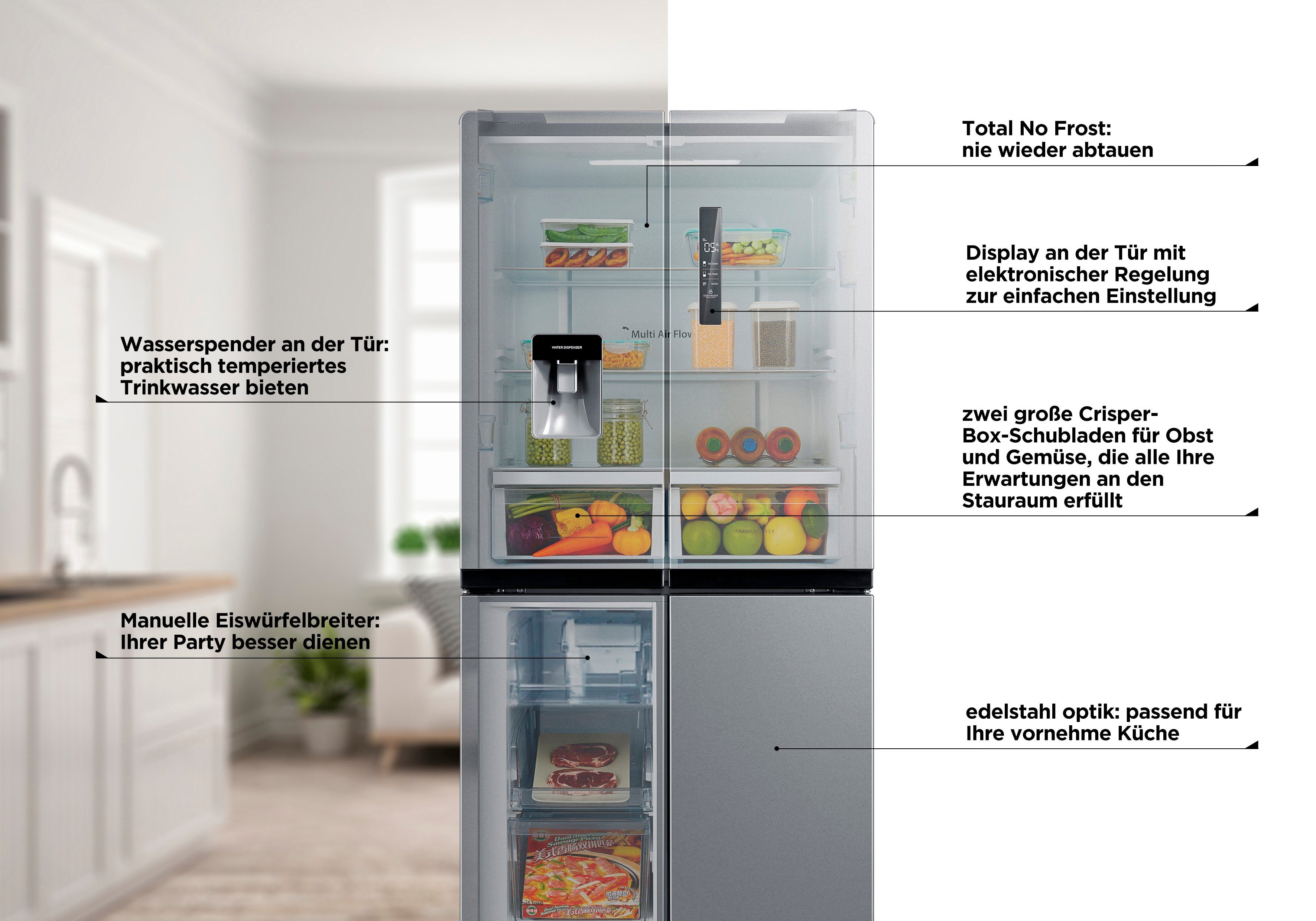 Hanseatic Multi Door HCD17884EI, 177,5 cm hoch, 83,3 cm breit, NoFrost, Wasserspender, FreshZone, Urlaubsschaltung, Display