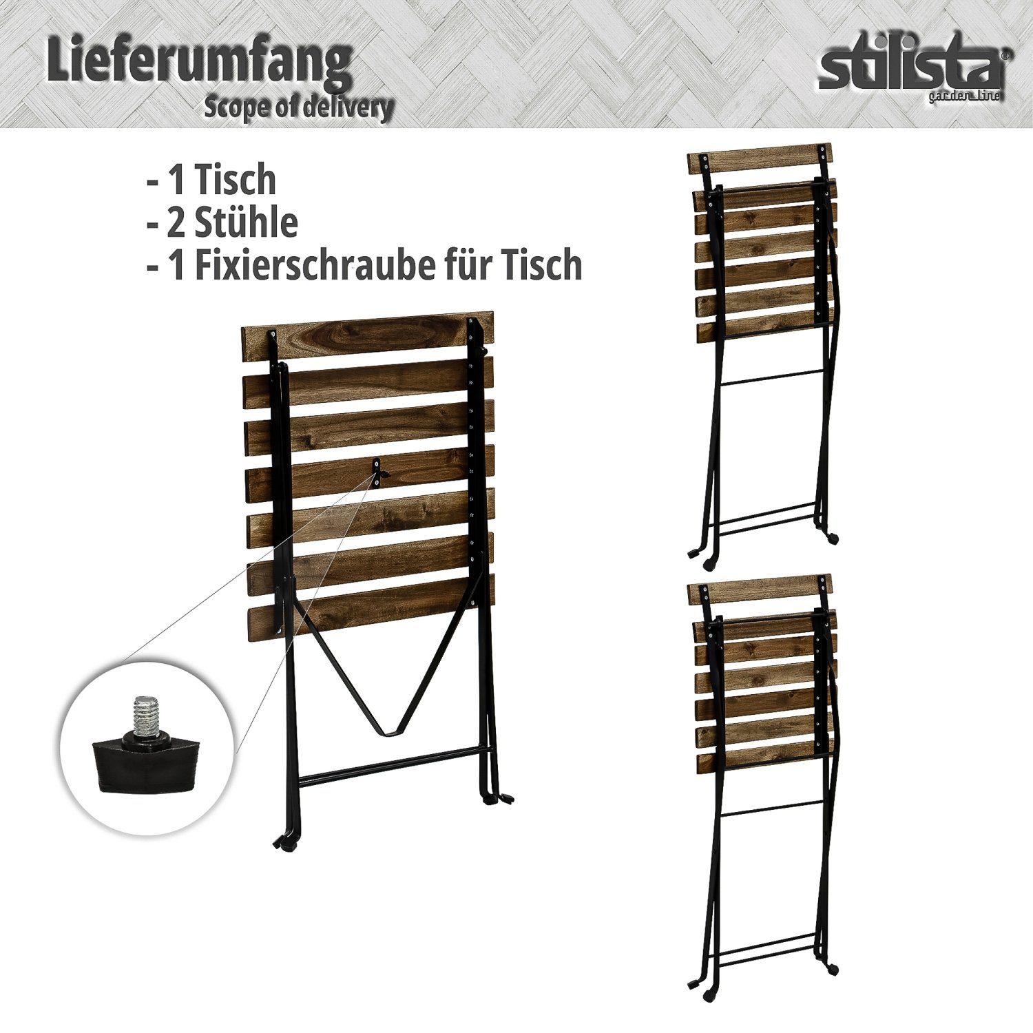 STILISTA Balkonset Bistroset Sitzgruppe Gartenmöbel Terrassenmöbel, (Set, 3er Set), FSC®-zertifiziertes Akazienholz und Metall, 3-tlg., Klappbar