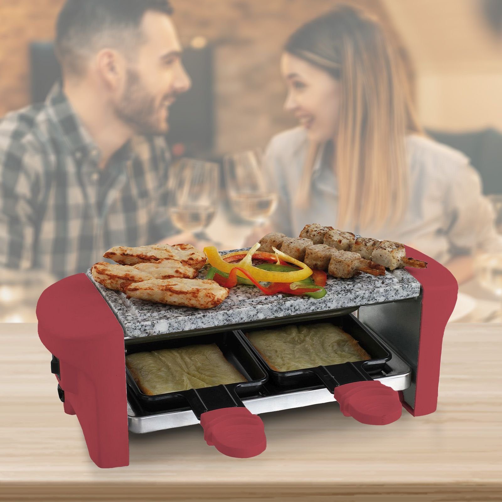 bmf-versand Raclette Raclette 2 Personen Tischgrill Elektrogrill Heißer Stein, 2 Raclettepfännchen, 350,00 W, Inklusive 2 Pfännchen, Ein-/Ausschalter, Naturgrillstein
