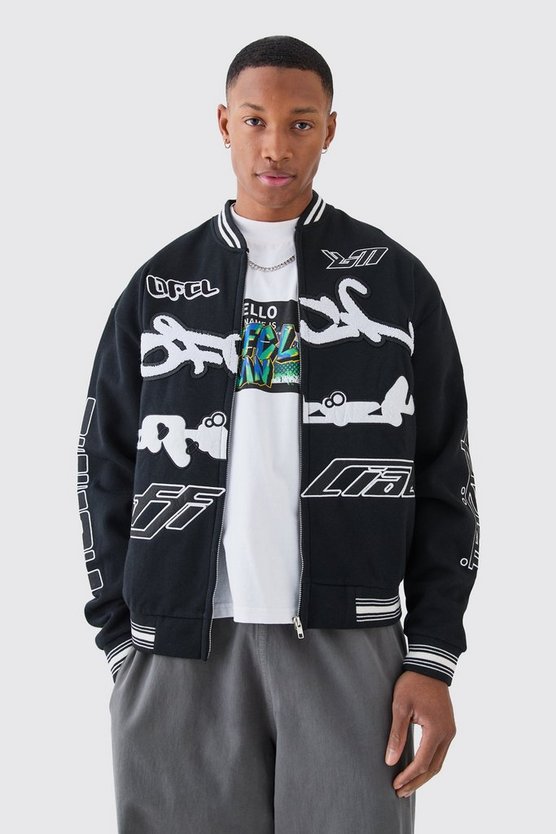 Kastige Oversize Jersey-Bomberjacke mit Applikation