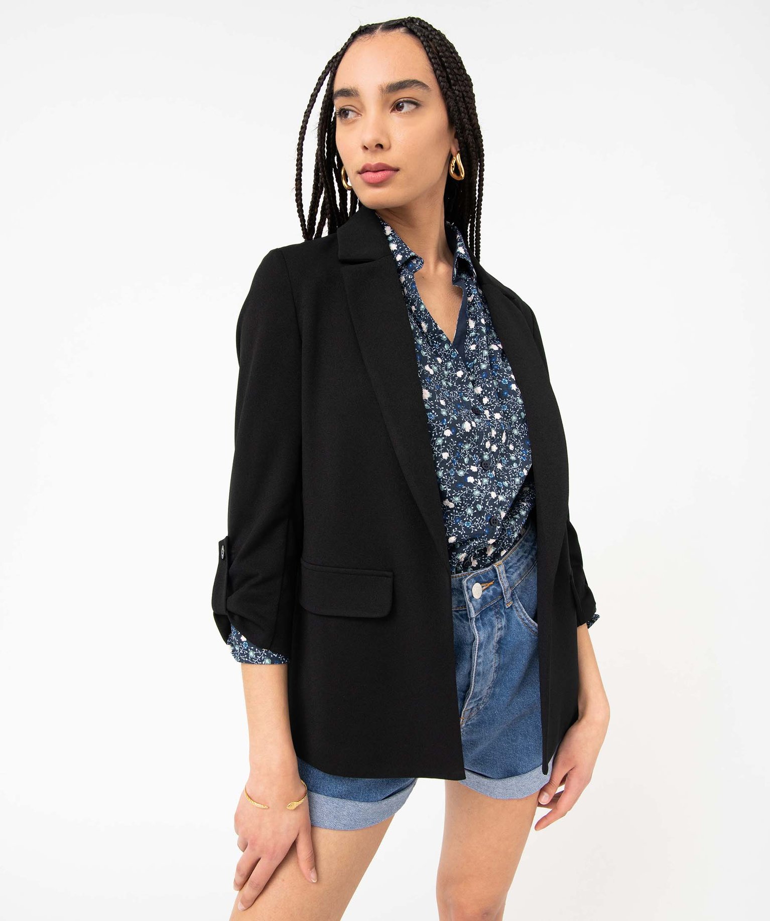 Chemise femme à motifs fleuris avec manches retroussables imprime | GEMO