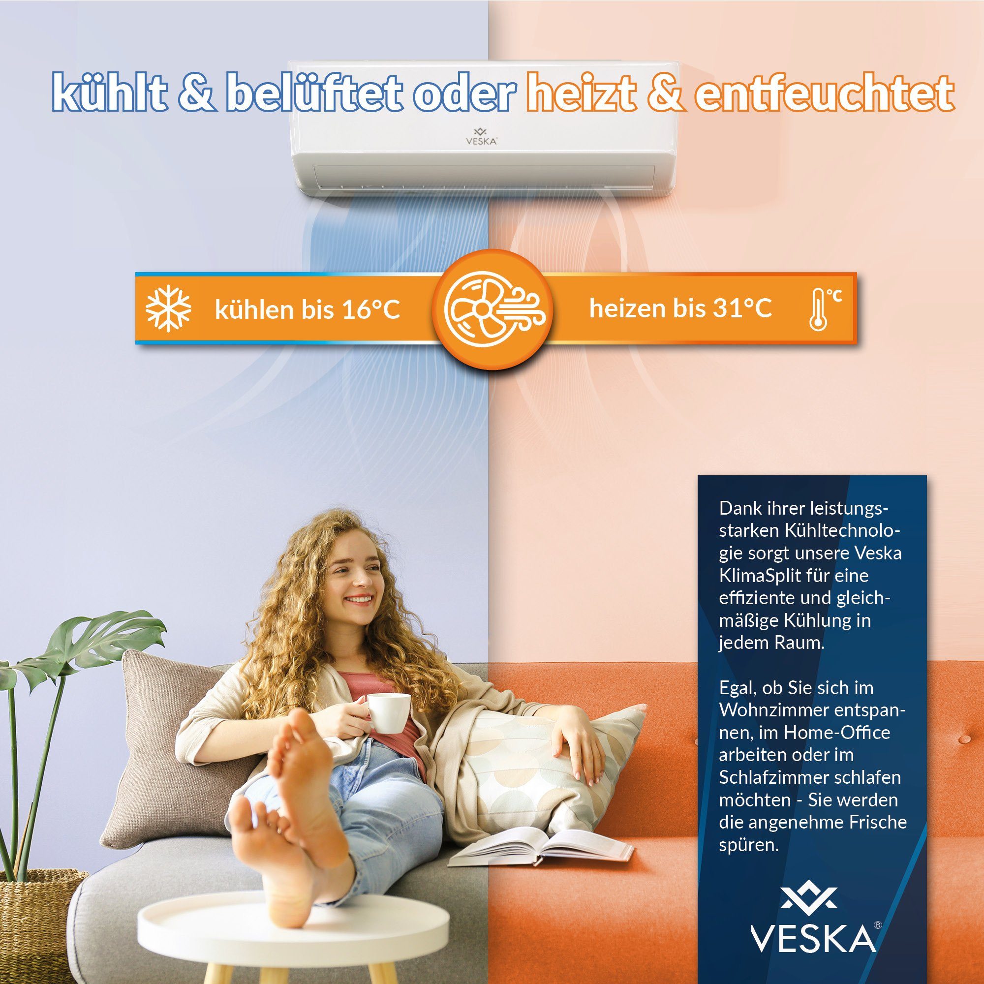 VESKA Split-Klimagerät Inverter Klimaanlage 12000 BTU - 3,5 KW - 2in1 Kühlen und Heizen, mit WiFi/App Funktion, Fernbedienung, Timer, inkl. Montagematerial