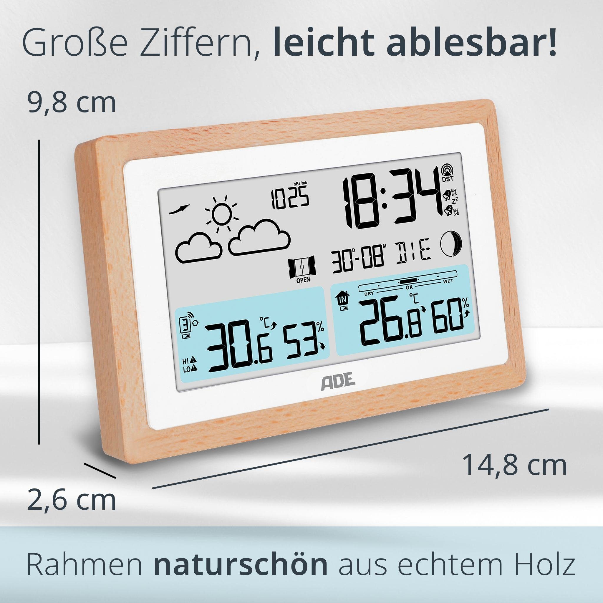 ADE Digitale Wetterstation Funk mit Außensensor und Vorhersage Funkwetterstation (Rahmen aus Vollholz, mit Barometer und Funkwecker, Beleuchtung)