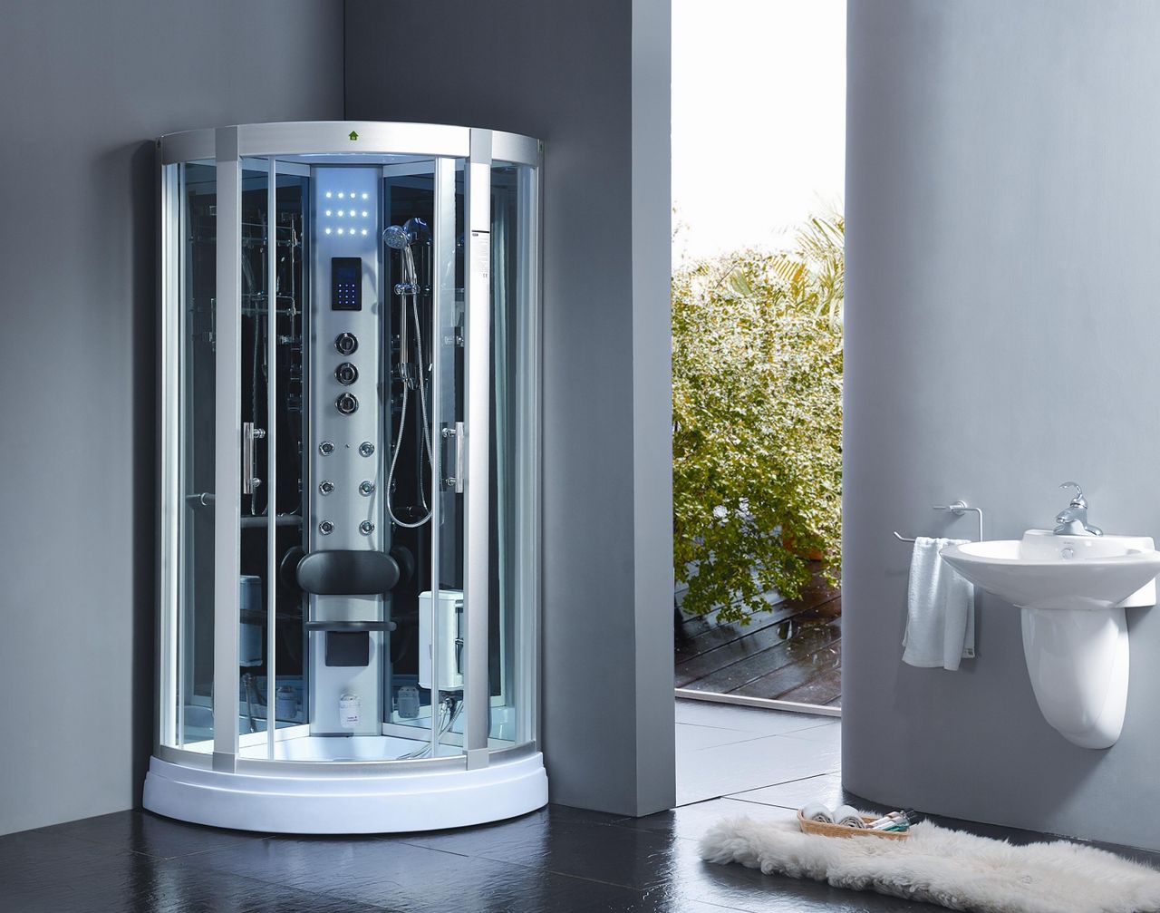 PureHaven Dampfdusche 95x95 cm mit LED-Sternenhimmel Regenfalldusche 6 Massagedüsen Tropenbrause Sitzfläche Radio Ozondesinfektion Silberfarben/Weiß