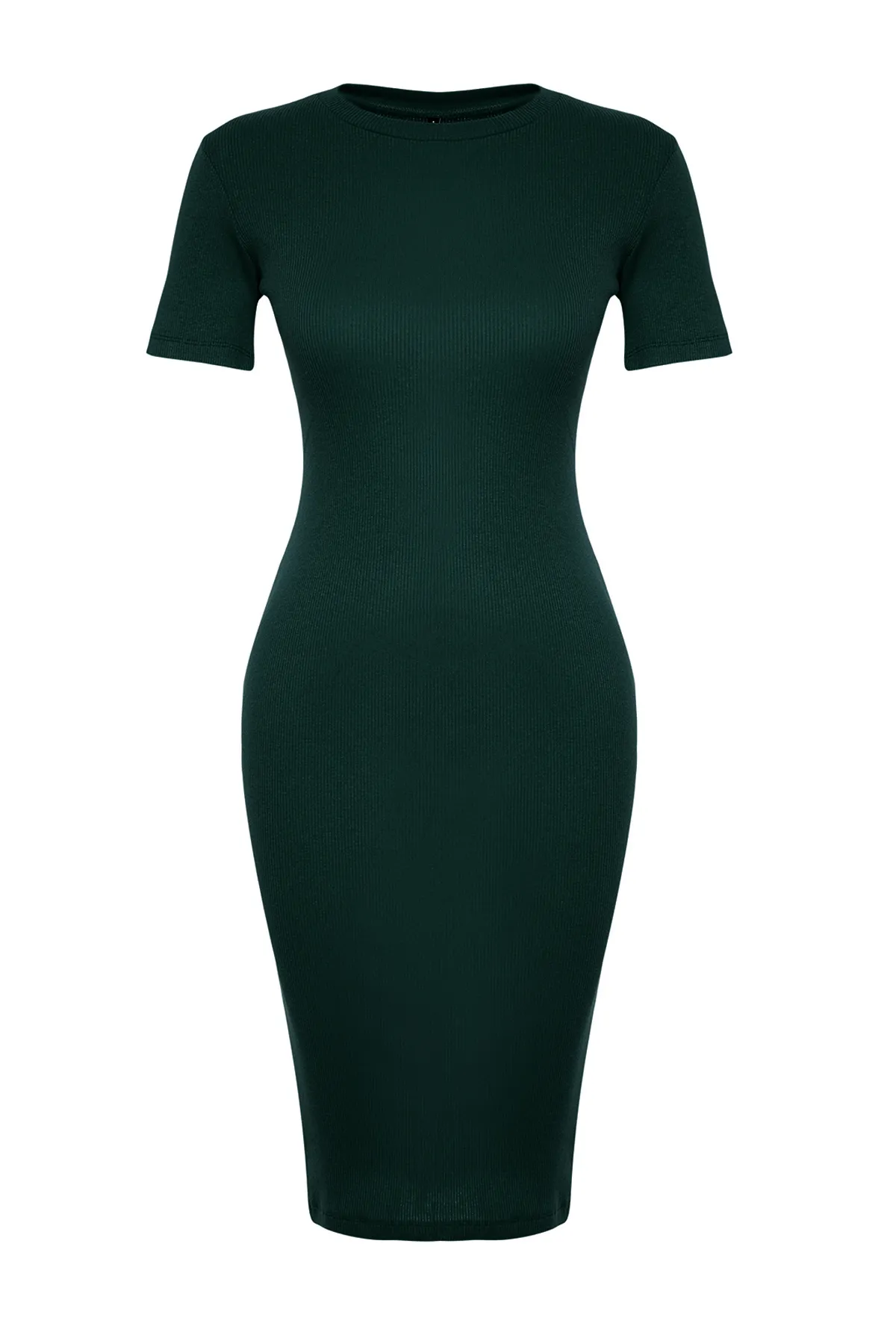Trendyol Collection  Smaragdgrünes, geripptes, flexibles Strick-Midi-Bleistiftkleid mit Rundhalsausschnitt TWOSS24EL00486
