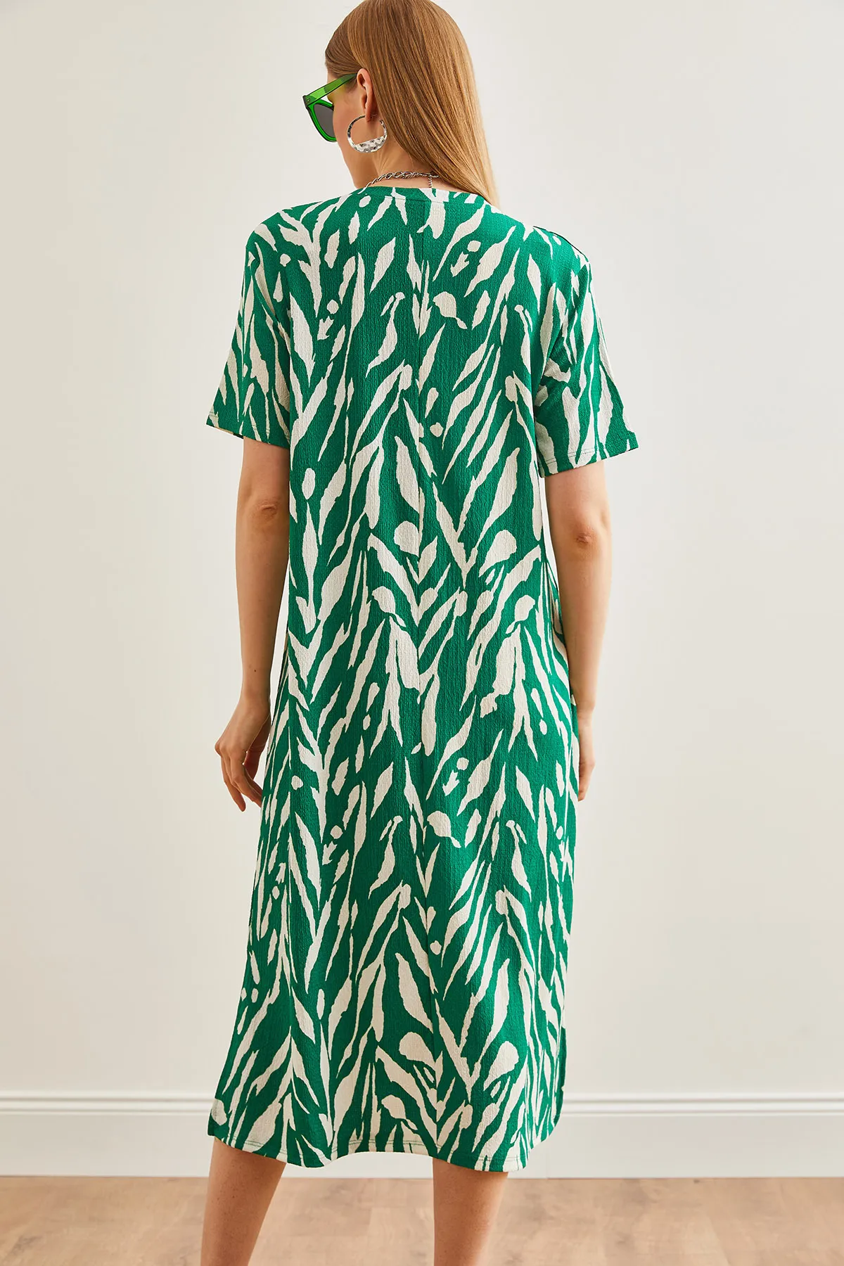 Olalook  Blatt Smaragdgrün Oversize Baumwolle Damen Kleid - Seitenschlitz ELB-19001880