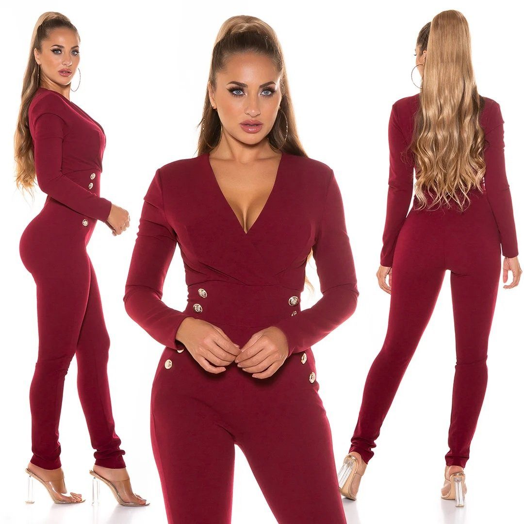 Koucla Jumpsuit eleganter Langarm-Overall mit V-Ausschnitt