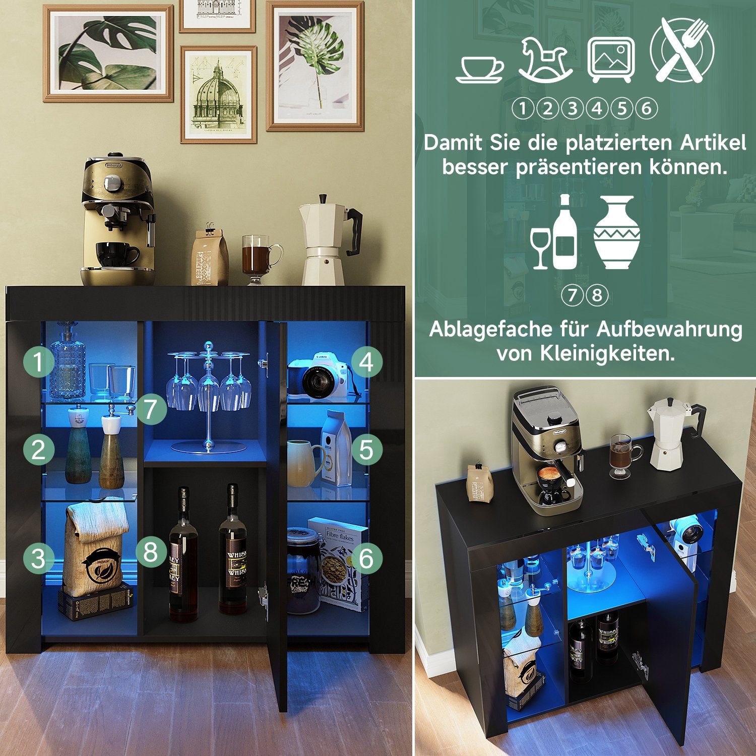 SONNI Sideboard Sideboard Küchenschrank mit LED Beleuchtung 90x35x83cm, Hochglanz, mit Schranktür und 4 glas Einlegeböden, Wohnzimmerschrank