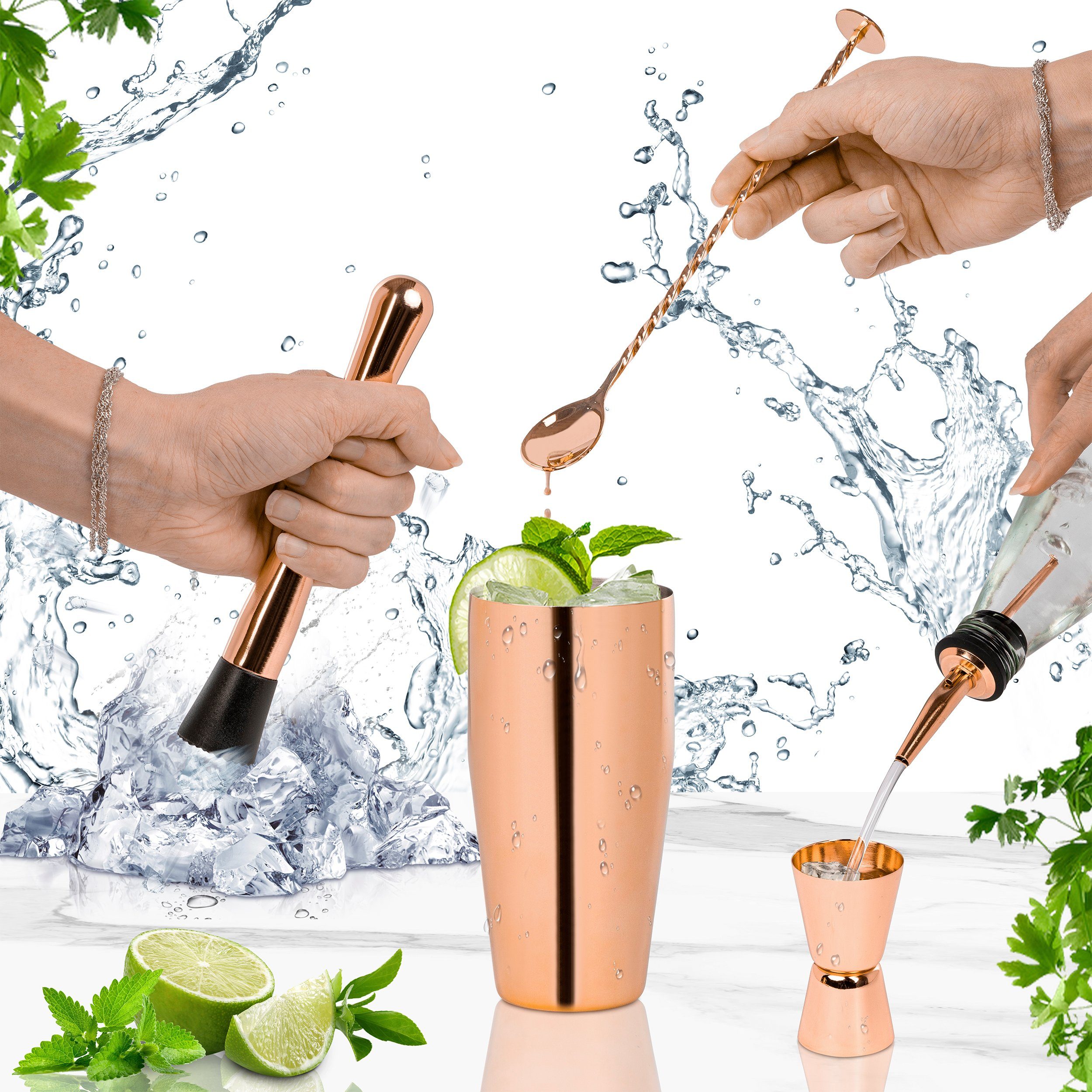 ONVAYA Cocktail Shaker Cocktail Set in Rosé-Gold, Cocktail Geschenkset mit Bambus-Halter