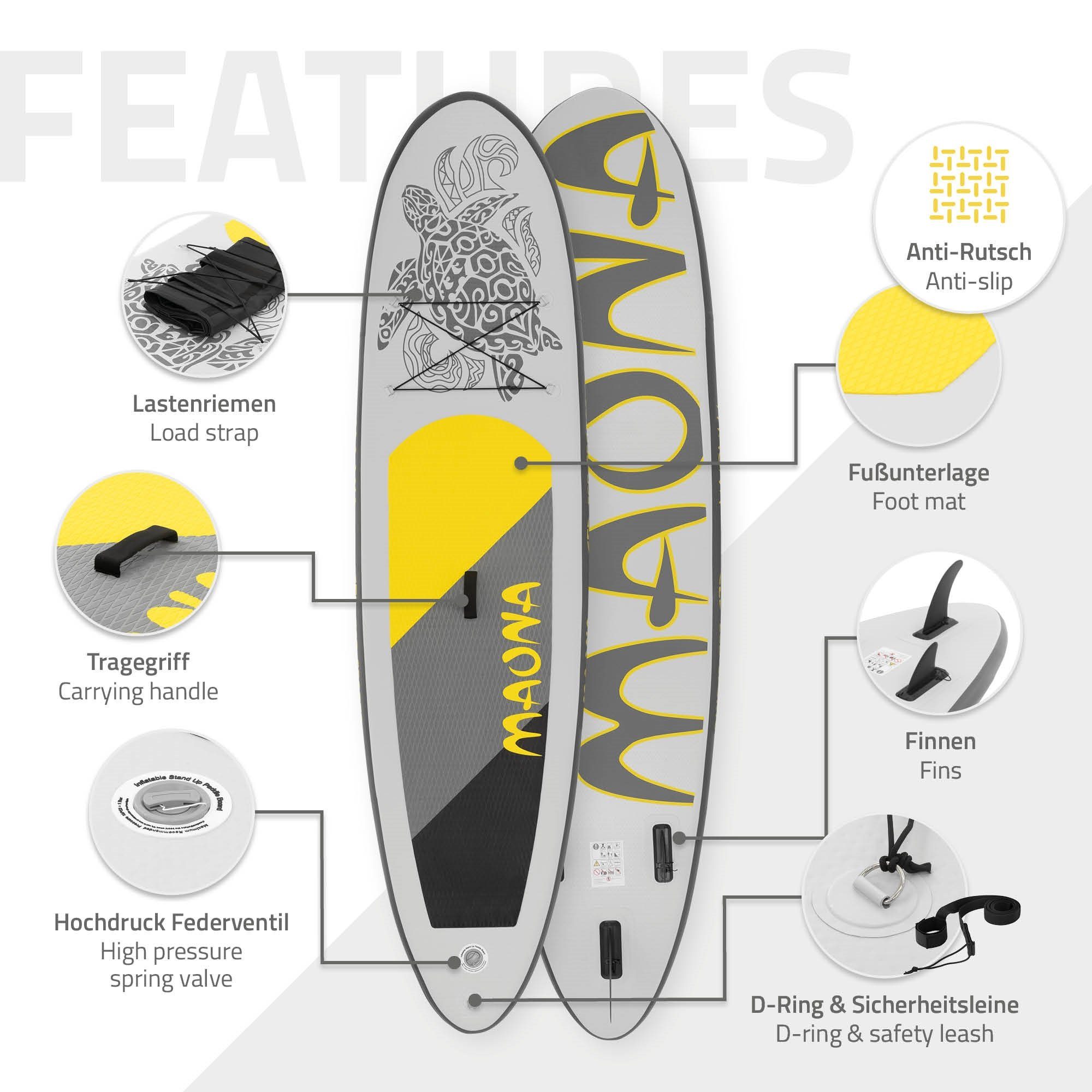 ECD Germany SUP-Board Aufblasbares Stand Up Paddle Board Maona Surfboard, Grau 308x76x10cm PVC bis 120kg Pumpe Tragetasche Zubehör