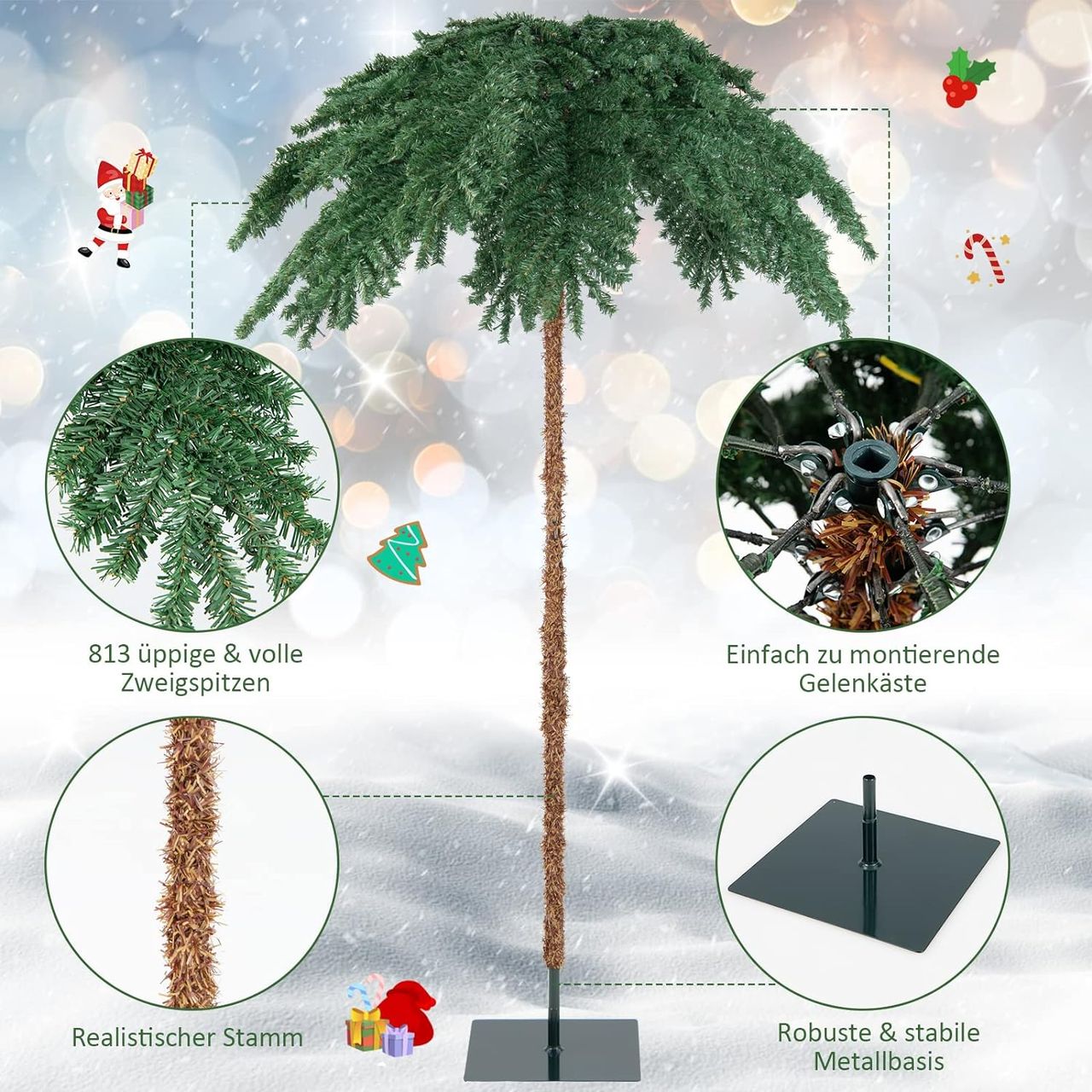 Costway 180 cm Künstliche Palme beleuchtet, Kunstbaum mit 250 LED-Lichtern in Warmweiß