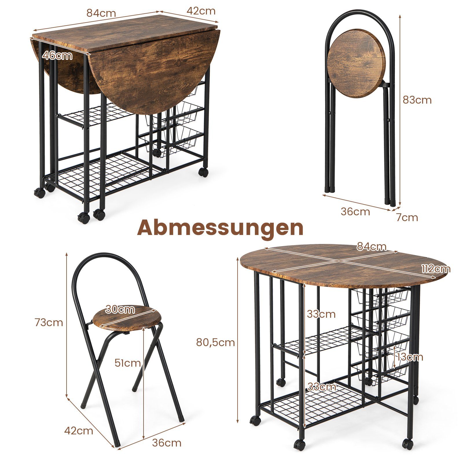 COSTWAY Bartisch (3-St), mit 2 Regalen & 4 herausziehbaren Körben, klappbar