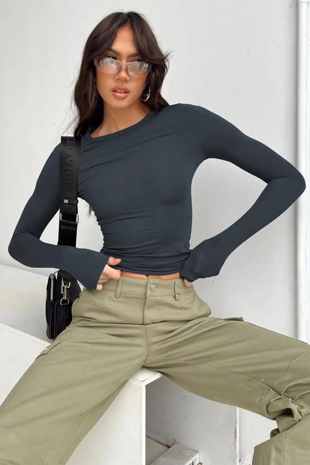 Madmext  Geräucherter, langärmliger Basic-Body mit Rundhalsausschnitt Mg1701