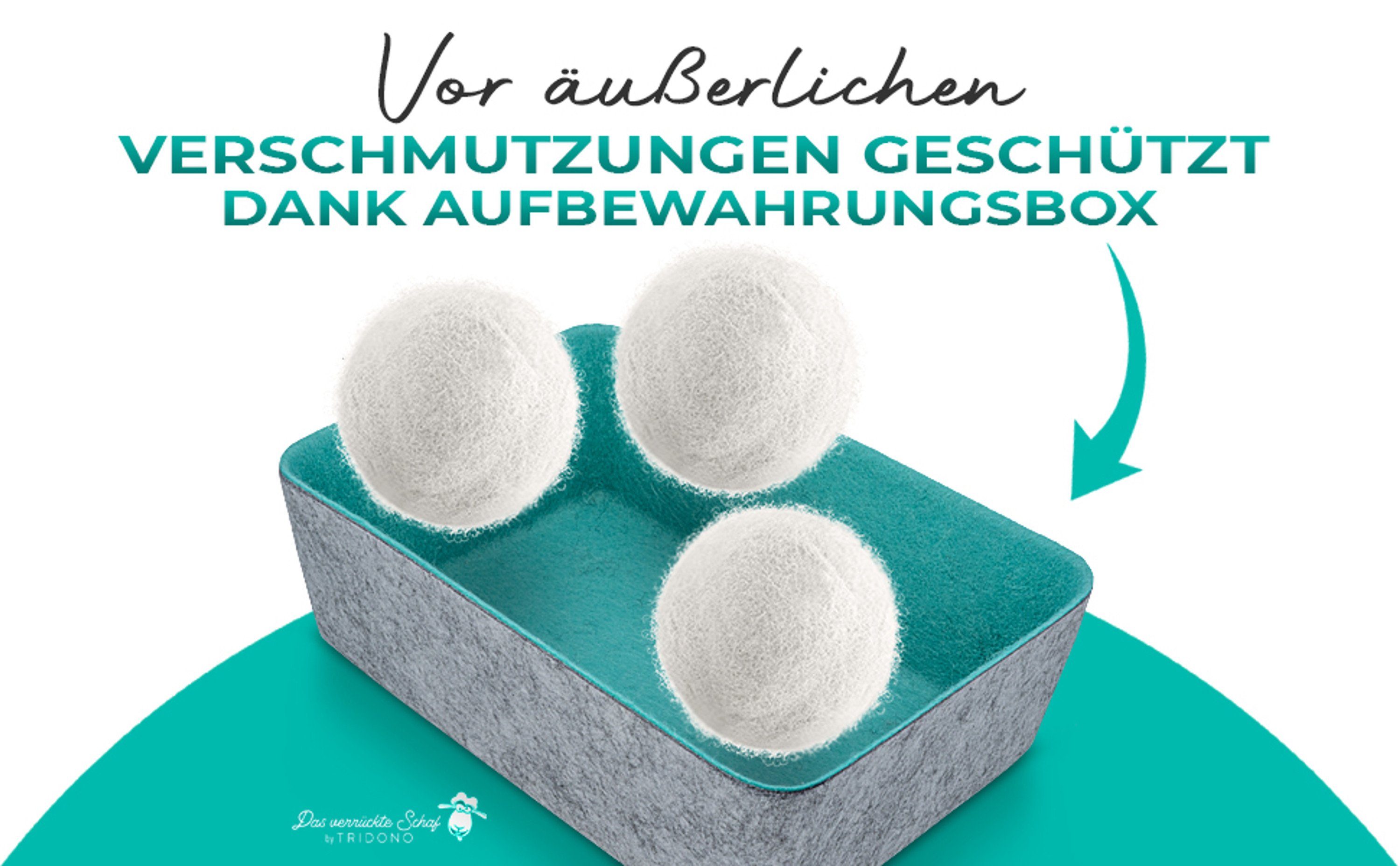 Tridono Trocknerball Das Verrückte Schaf Trocknerbälle Nachhaltige Dryer Balls für Wäschetrockner 6er Set weiße Filzbälle aus 100% Schafwolle mit Aufbewahrungsbox Natürlicher Weichspüler-Ersatz.