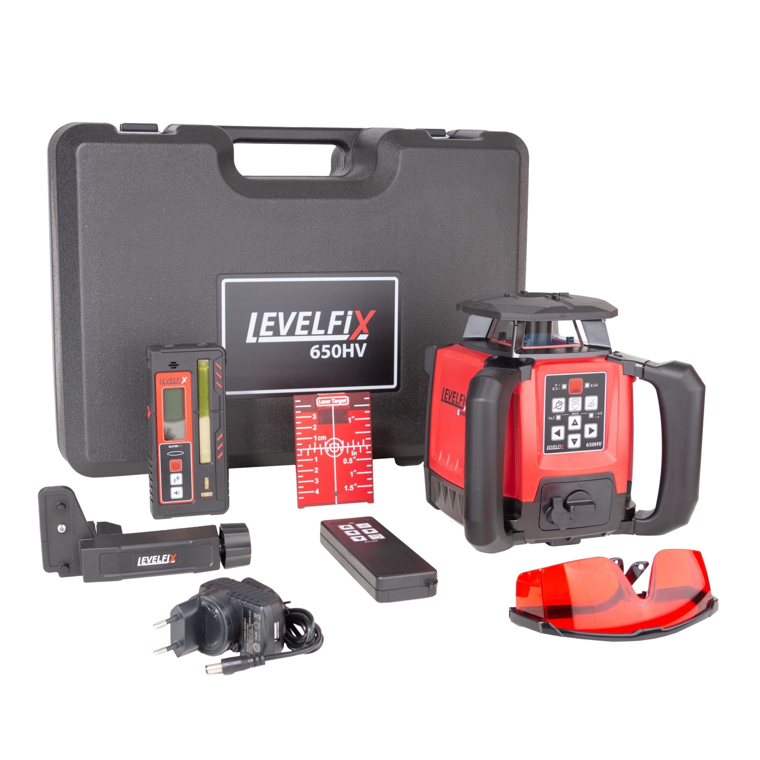 Juego de láser de construcción horizontal/vertical Levelfix 554622 650HV rojo con trípode giratorio de 2,7 m y mira.