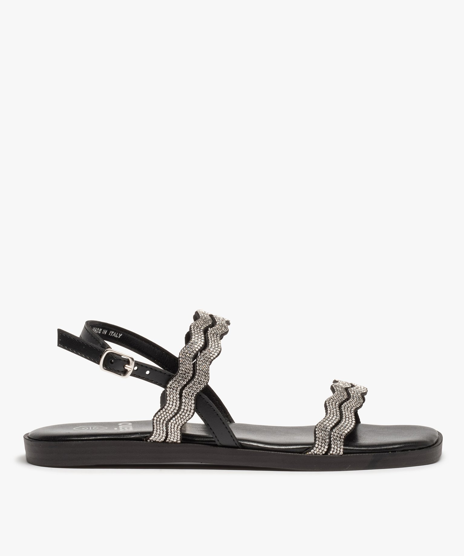 Sandales femme à talon plat et brides strass noir | GEMO