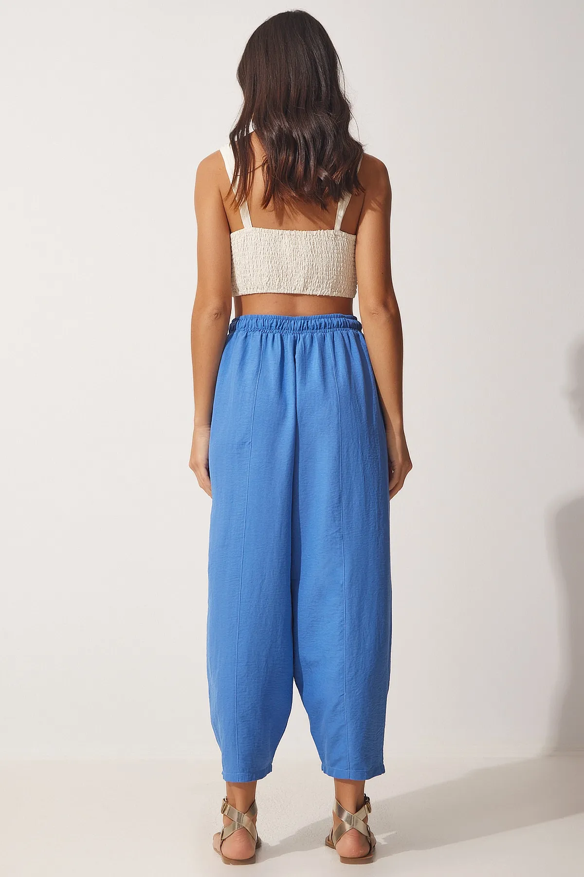 Happiness İstanbul  Blaue Shalwar-Hose aus Leinenviskose mit Taschen für Damen CV00001