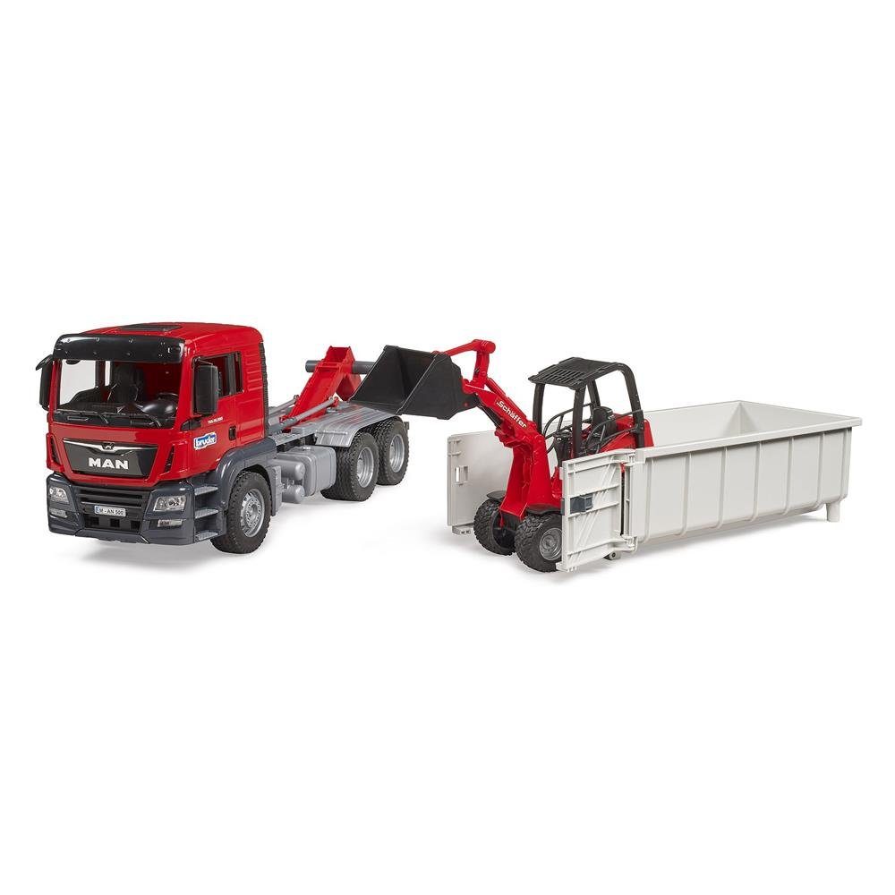 Bruder® Spielzeug-Baumaschine 03767 MAN TGS LKW, (Set, 3-tlg., LKW mit Abrollcontainer + Schäffer Hoflader 2630), Baufahrzeug, rot