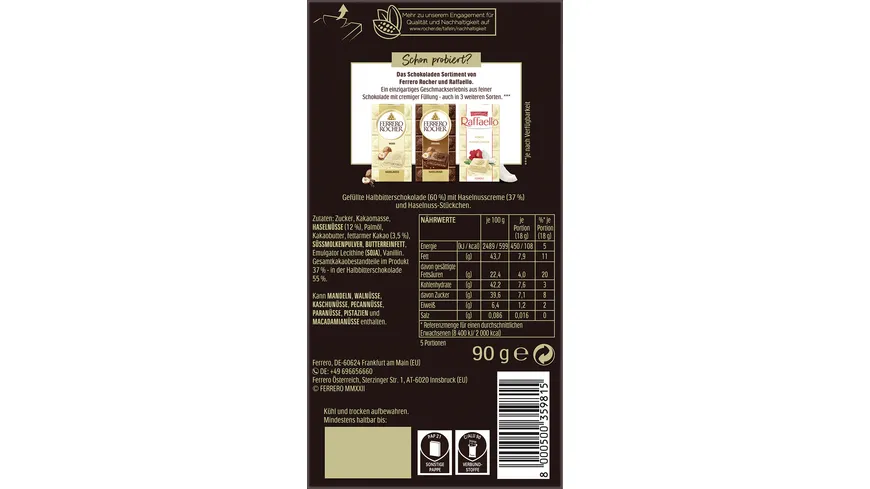 Ferrero Rocher Schokoladentafel Zartbitter 90 g