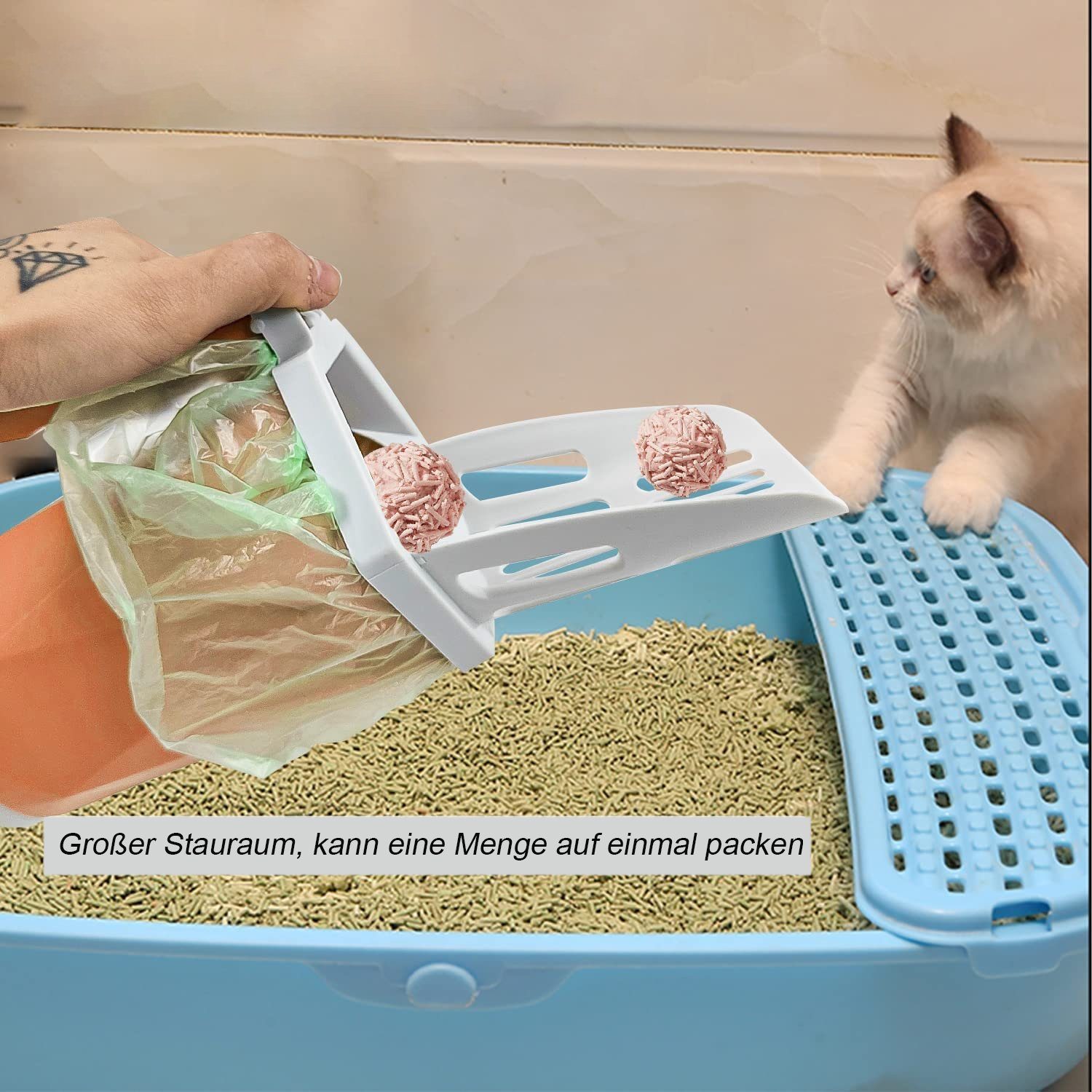 HUNKA Katzentoilette Katzenstreuschaufel, Katzenklo Schaufel 2 in 1, Streuschaufel mit Behälter,mit 10 Rollen Abfallsäcken