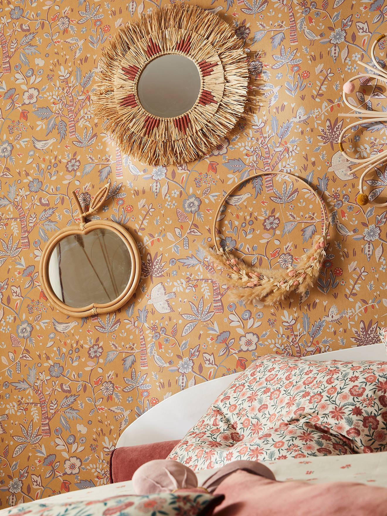 Vertbaudet Runder Kinderzimmer Spiegel aus Naturbast - beige/rosa