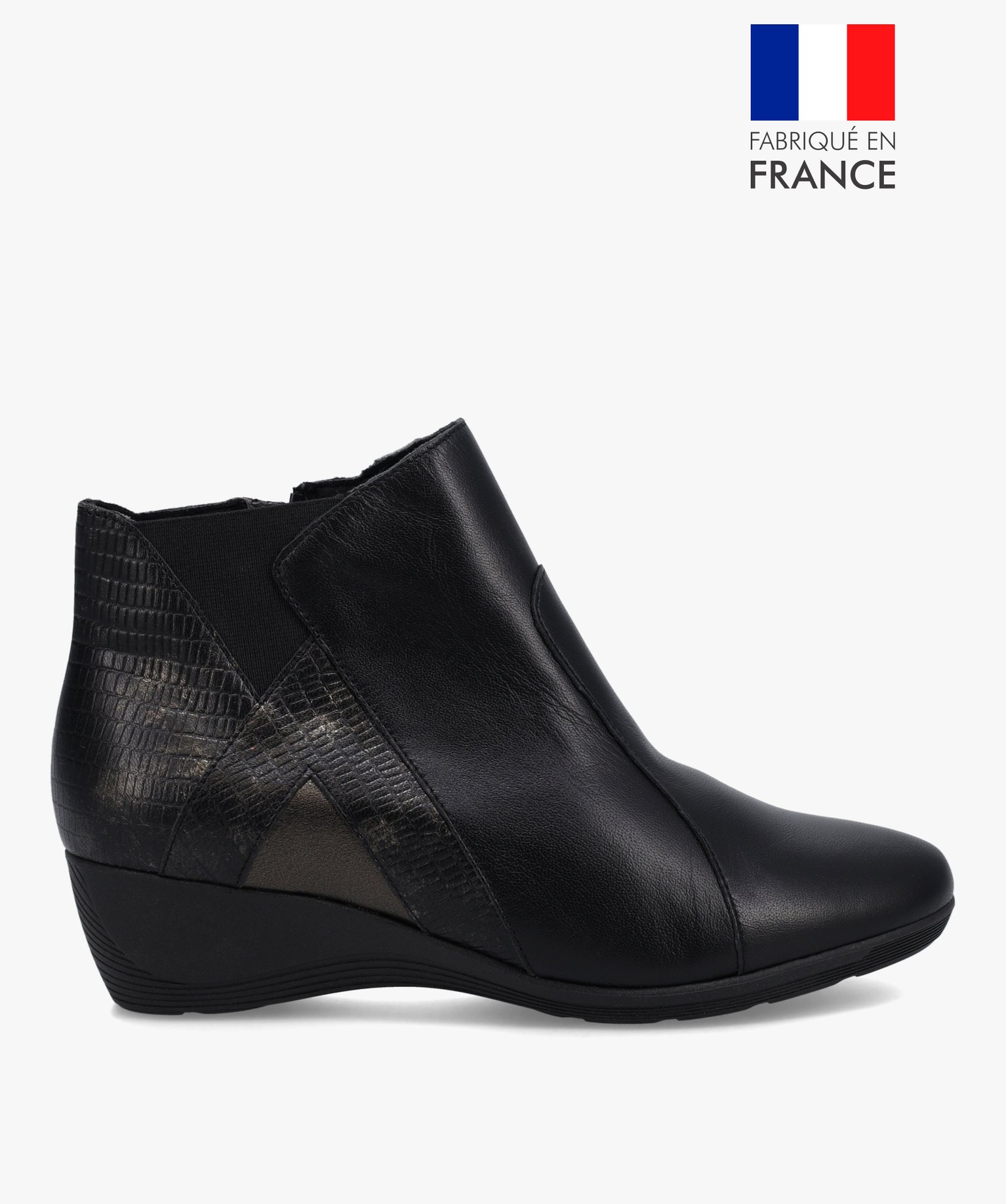 Boots femme confort dessus cuir à talon compensé noir | GEMO