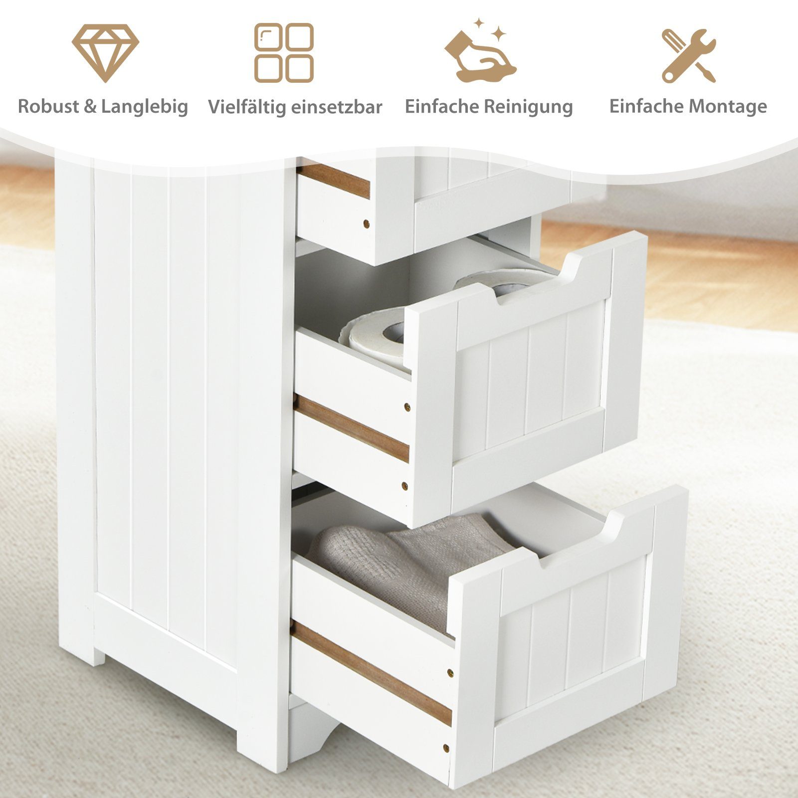 COSTWAY Badkommode, Badezimmerschrank mit 4 Schubladen, 30 x 30 x 83 cm, Weiß