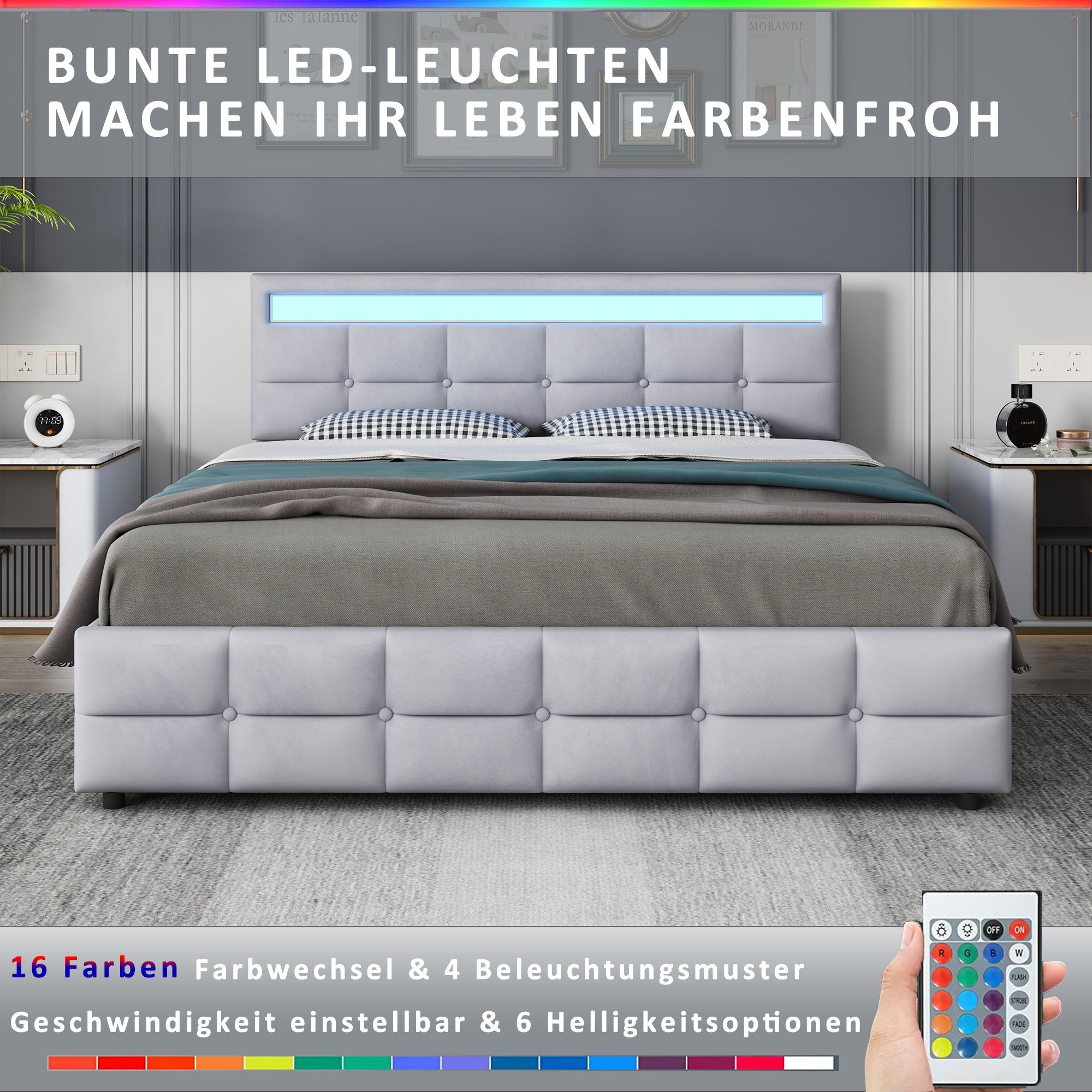 WISHDOR Polsterbett Doppelbett, Polsterbett mit 4 Schubladen 180 x 200 cm (Hautfreundliches Doppelbett aus Samtstoff für Erwachsene und Jugendliche, Lattenrost und Rückenlehne), ohne Matratze