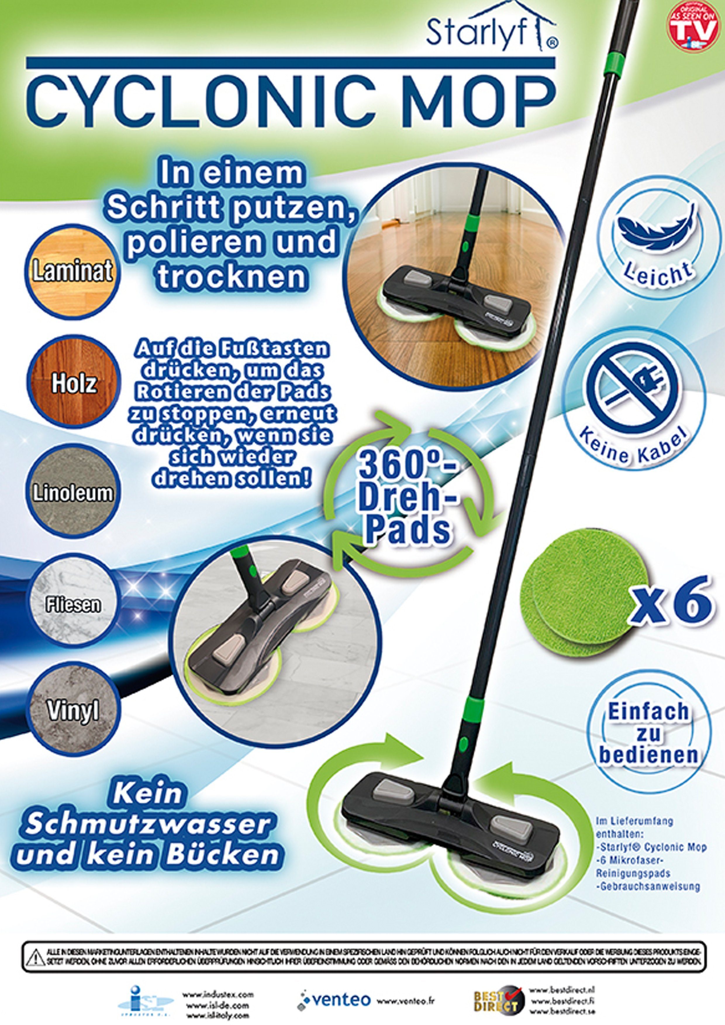 Starlyf Wischmopp Cyclonic Mop, beutellos, kabelloser, rotierender Bodenwischer ohne Akku, für Hartböden