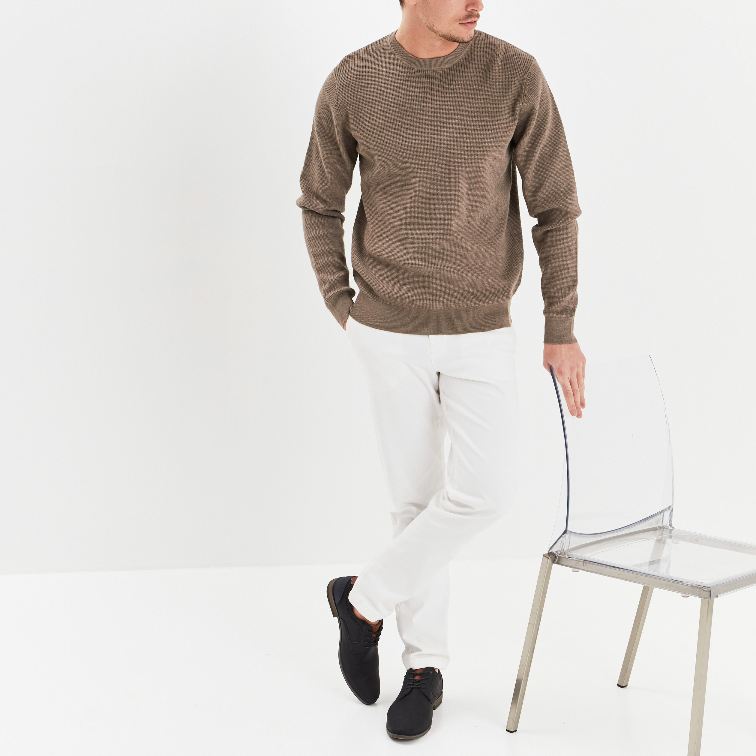 Pull avec col rond à relief gris homme | La Halle