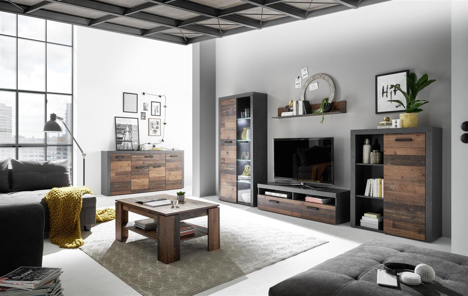 möbelando Wohnwand Johannes, (4-St), Moderne Wohnwand aus Spanplatte, Korpus in Matera, Front in Old Style Dunkel Nachbildung bestehend aus 1 Vitrine, 1 Highboard, 1 TV-Lowboard und 1 Wandboard. LED-Beleuchtung inklusive. Stellmaß ca. Breite 340 cm,