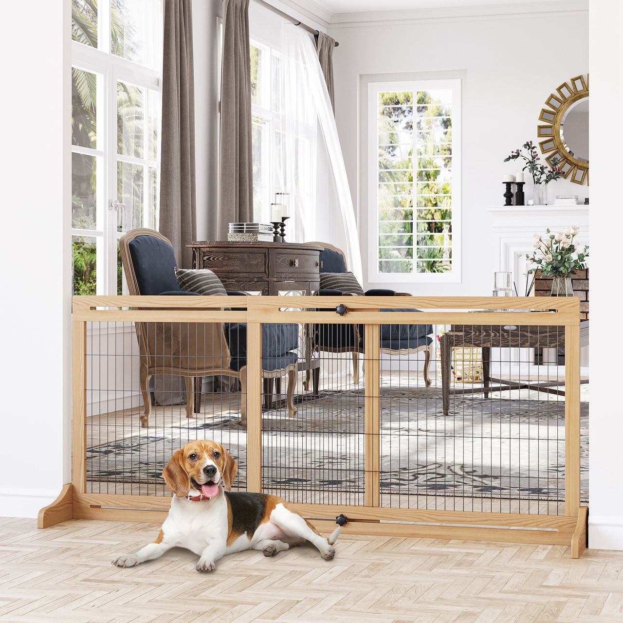 PawHut Hunde Absperrgitter aus Holz, Ausziehbares Türschutzgitter, Hundegitter