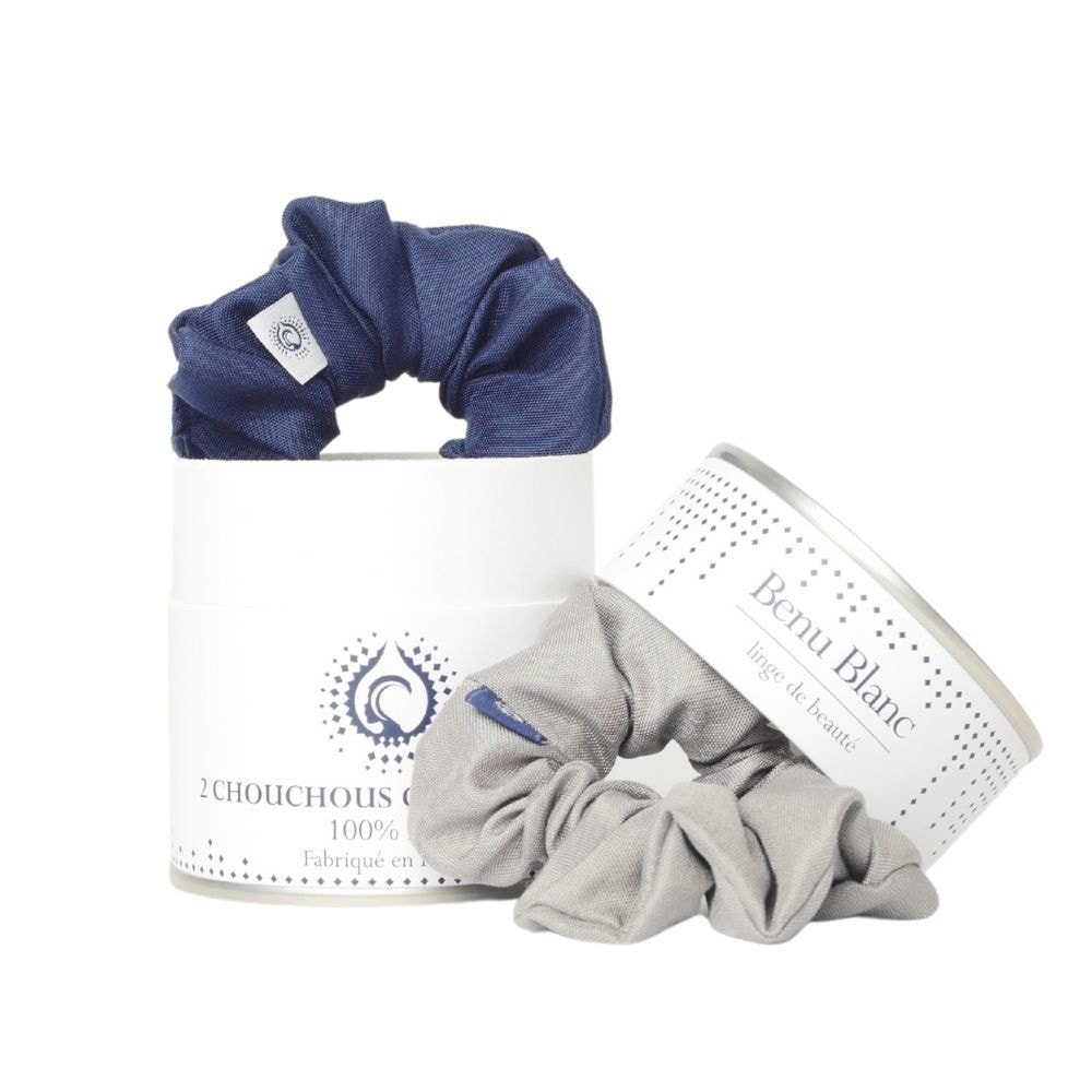 benu blanc Coffret de 2 chouchous en soie : bleu +gris Chouchous cosmétiques en pure soie naturelle