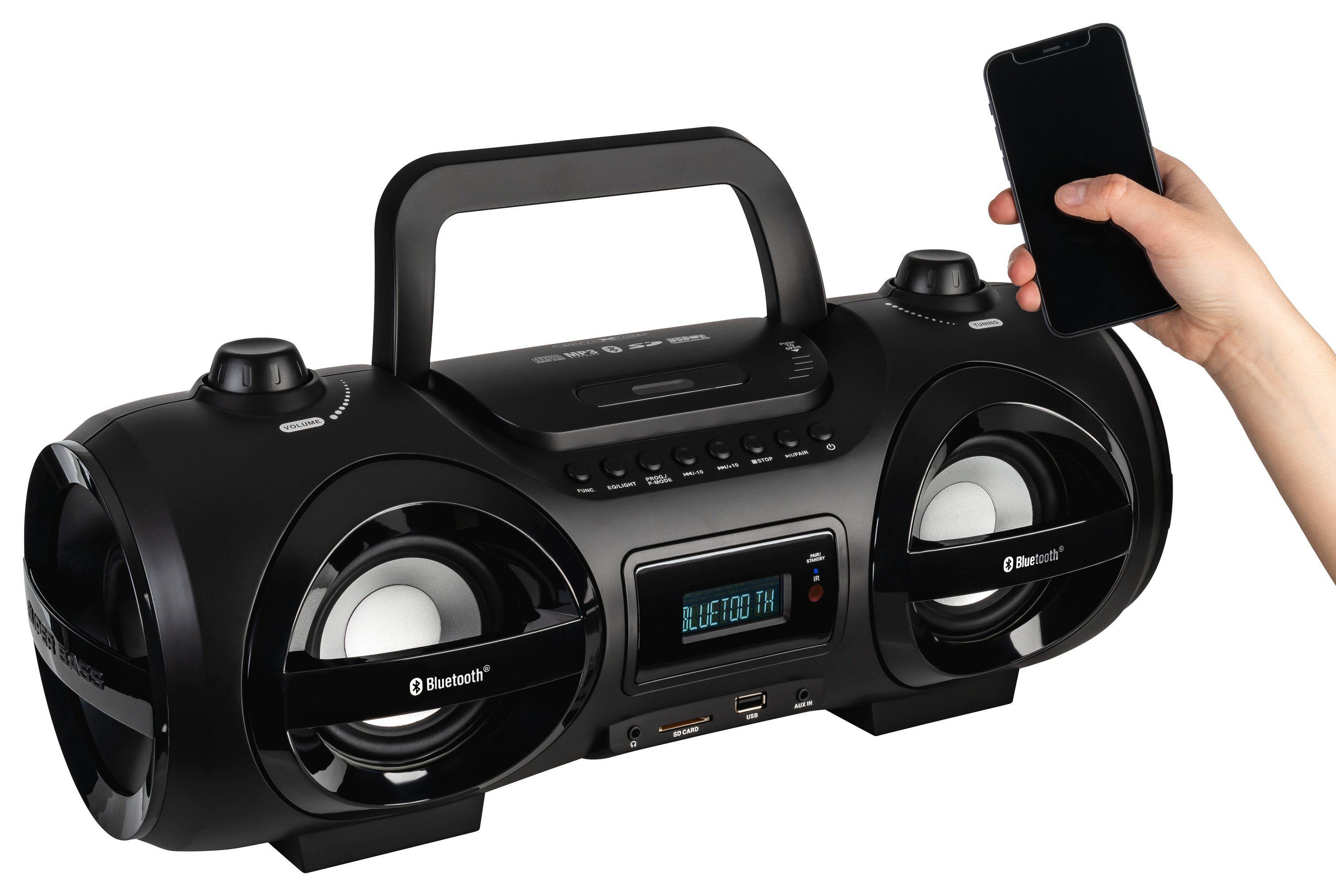 Reflexion CDR900BT Boombox (200 W, Tragbarer CD-Player, Ghettoblaster, Discolicht mit blinkender Modi-Auswahl, Bluetooth, MP3, CD, USB, SD, AUX-IN)