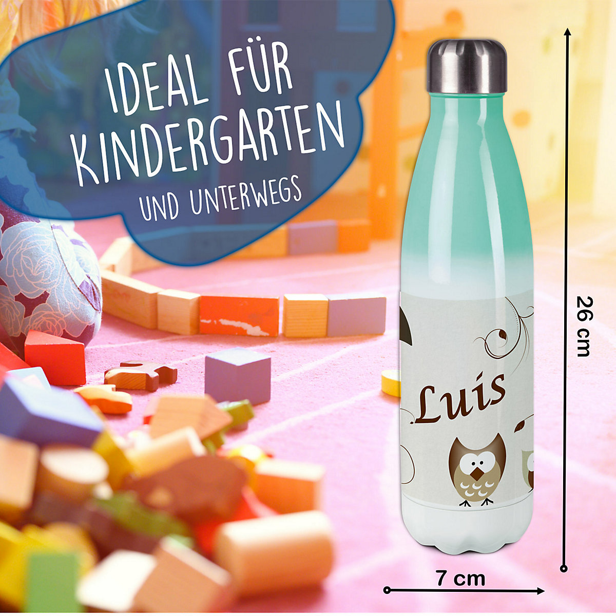 Edelstahl Kinder Thermoflasche / Trinkflasche bunt Eule Farbe beige Spülmaschinenfest, Auslaufsicher, Bruchfest, Doppelwandig, Für Heißgetränke geeignet, Mit Deckel, Isoliert