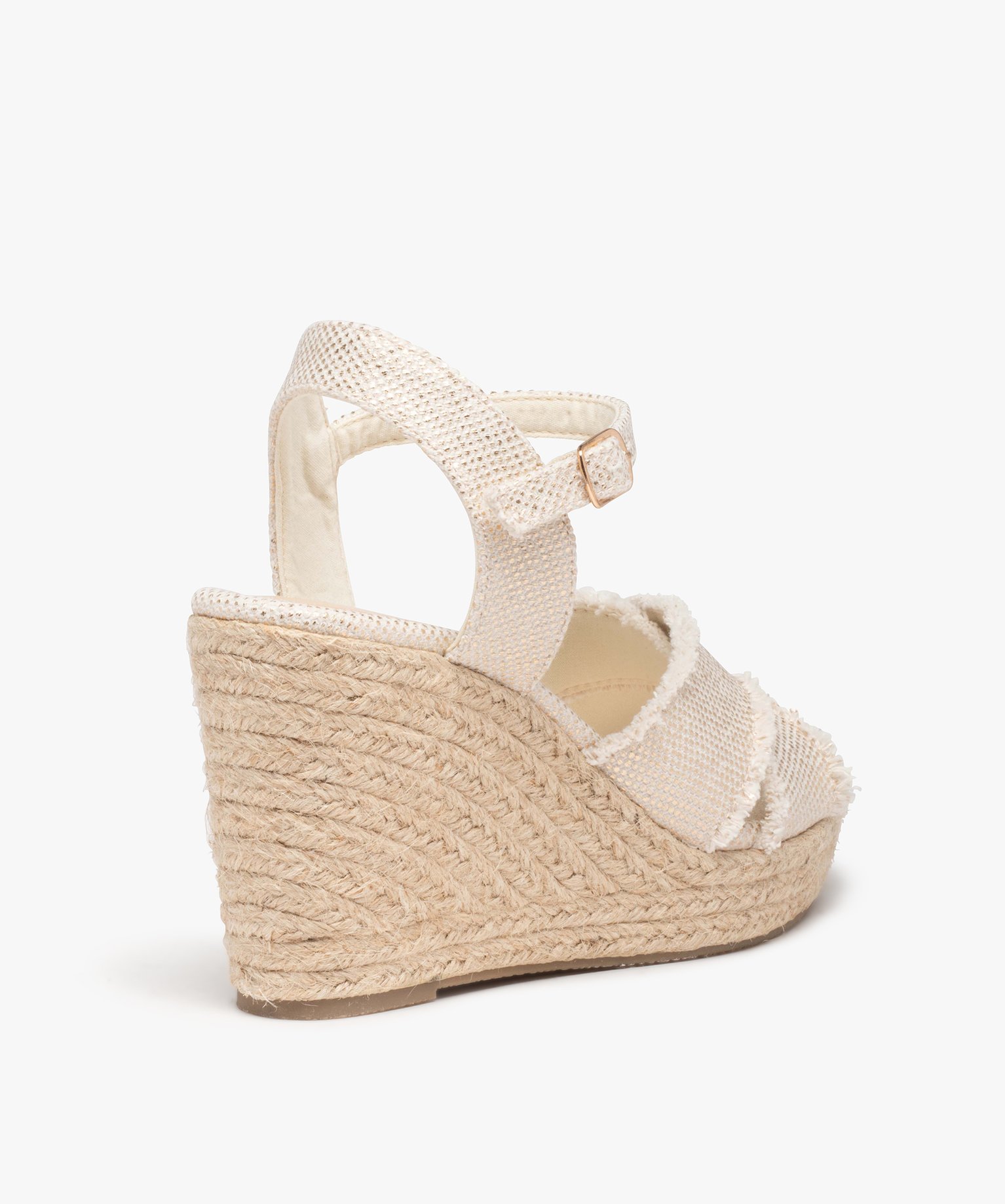 Sandales femme compensées dessus en toile brillante beige | GEMO