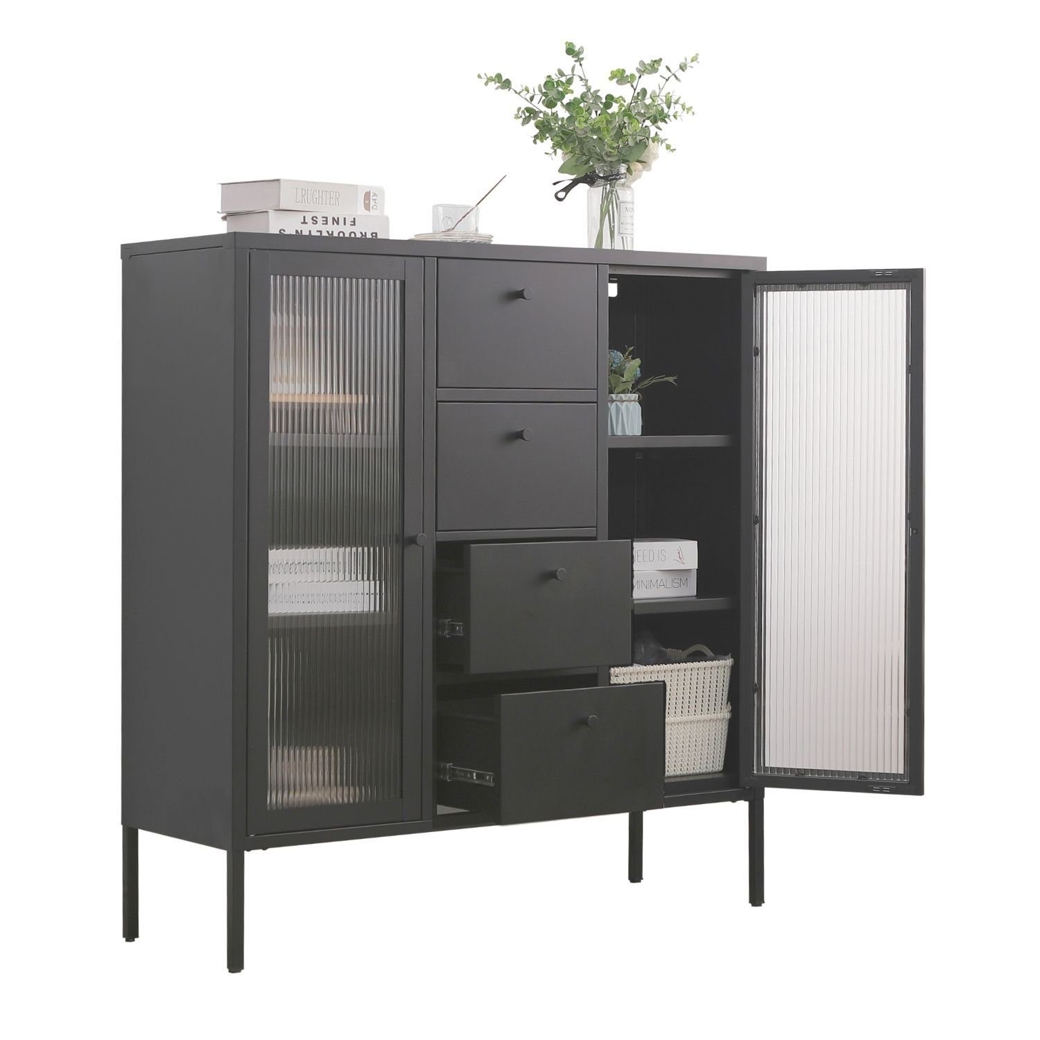 Mein-Regal Highboard, Highboard Paris Schwarz Metall 2 Glastüren, 4 Schubladen Einlegeböden