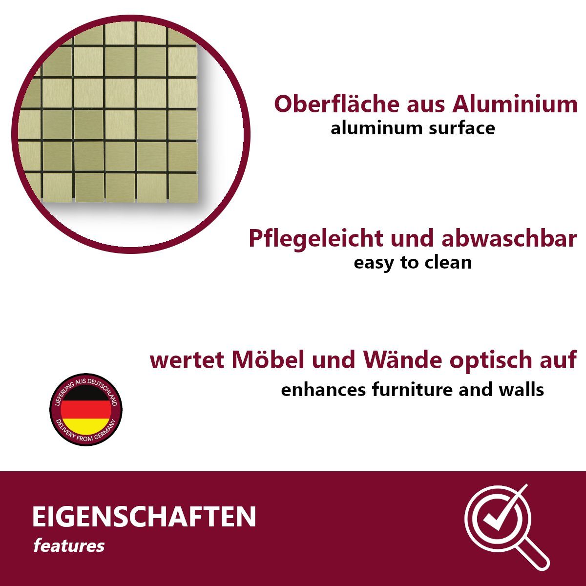 HOOZ Aluminium Wandfliese 10x selbstklebende Fliesen Aluminium in verschiedenen Farben, 30x30, Gold, Set, 10-tlg, Aluminiumoberfläche