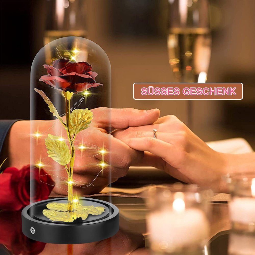 Kunstblume Rose im Glas: Edle Kunst-Rose & Bär, mit LED Lichter,ewige Blumen, Sunicol, Höhe 22 cm, für Hochzeit Muttertag Geburtstag Valentinstag Geschenk