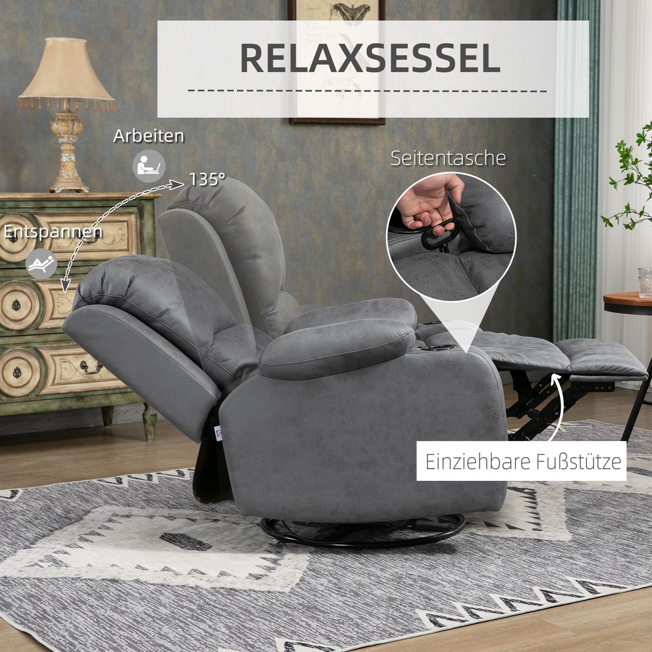 HOMCOM Relaxsessel, Ruhesessel mit Liegefunktion, Fernsehsessel für Wohnzimmer