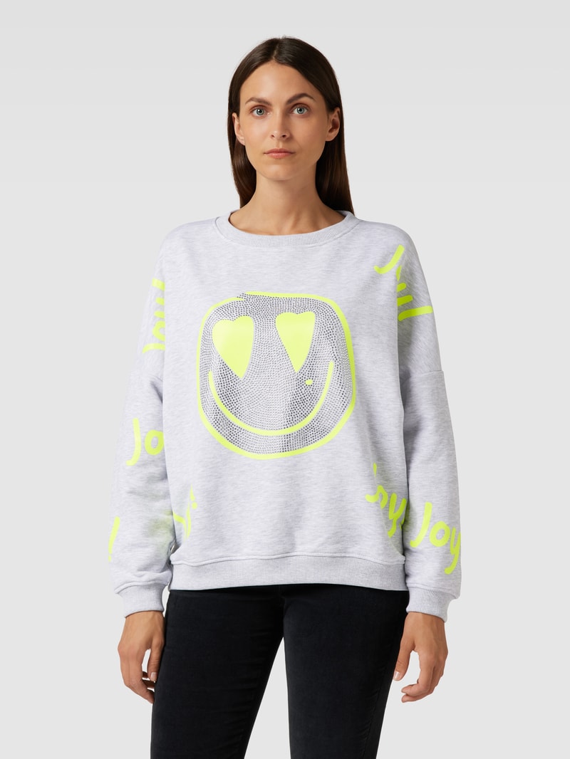 Sweatshirt mit Strasssteinbesatz Modell 'JOY' in hellgrau meliert