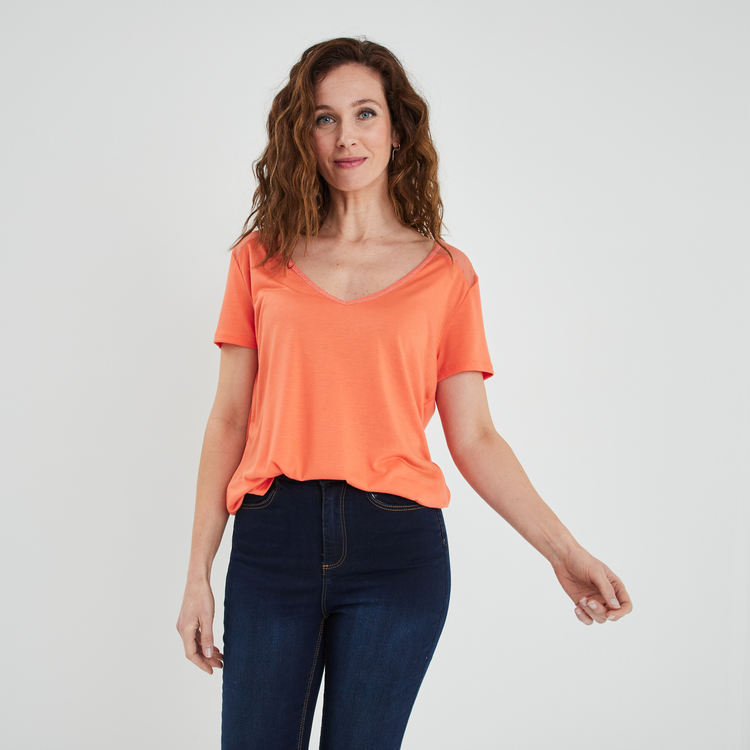 T-shirt manches courtes à col en V orange corail femme | La Halle