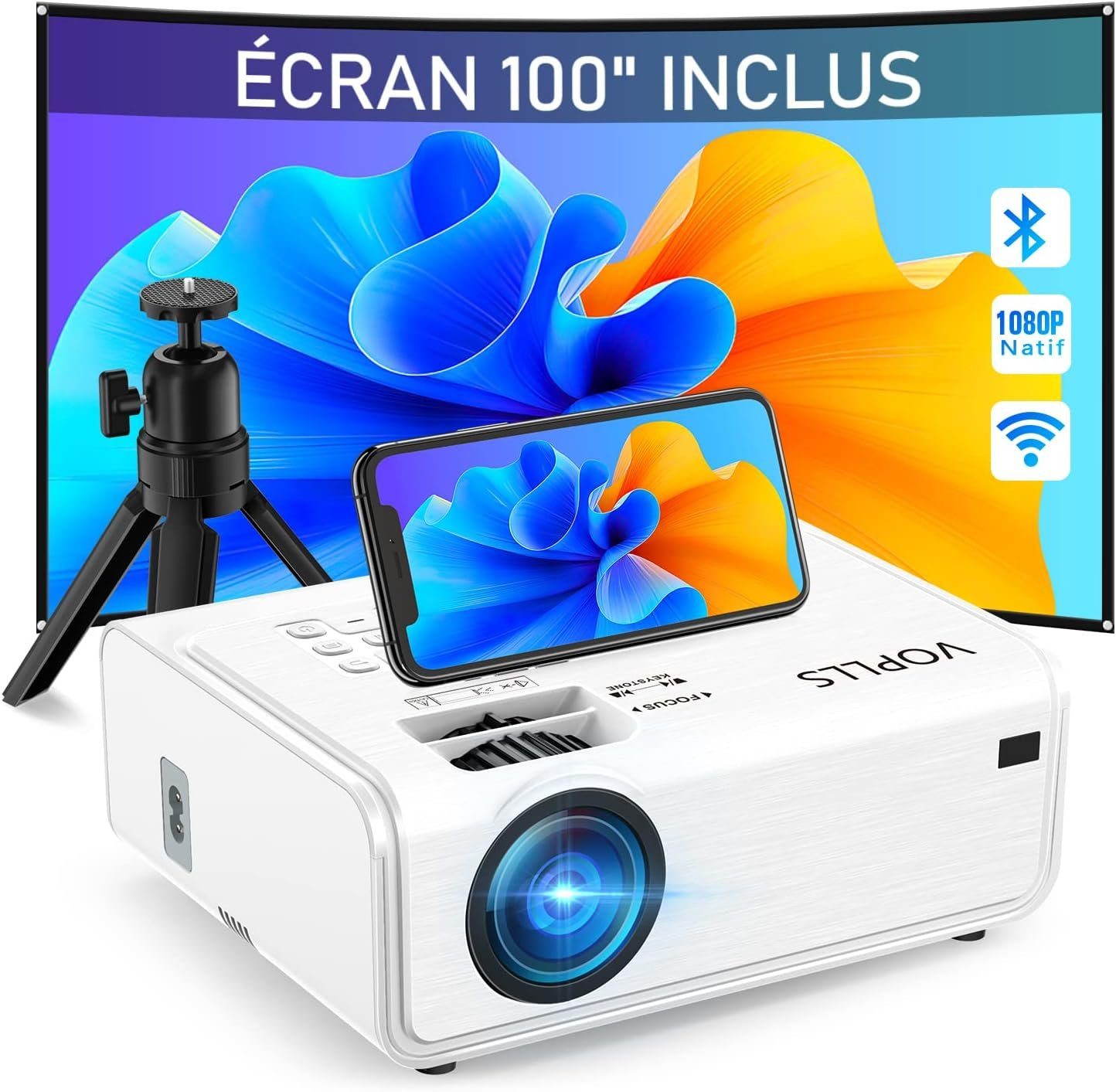 VOPLLS Portabler Projektor (15000 lm, 1920 x 1080 px, Full HD Native 1080P Beamer Outdoor, ±50° Zoom& 6D/4P, Projektor)